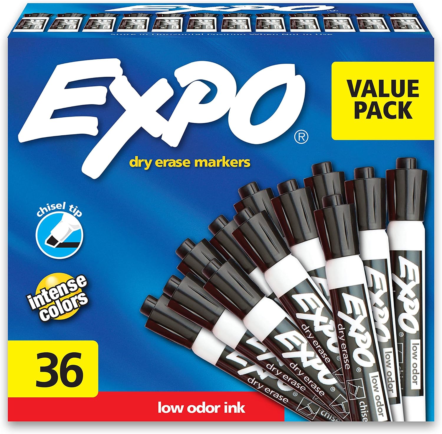 EXPO Dry Erase Markers, Chisel Tip, Black, Low-Odor, Pack of 36, Perfect for Whiteboards, Non-Porous Surfaces & Home Offices