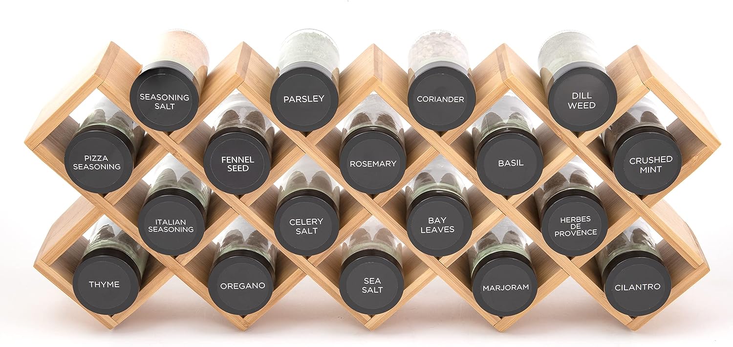 Kamenstein 18 Jar Criss-Cross 2-in-1 Spice Organizer for Countertop or Wall with Spices Included, FREE Spice Refills for 5 Years, Bamboo with Black Caps