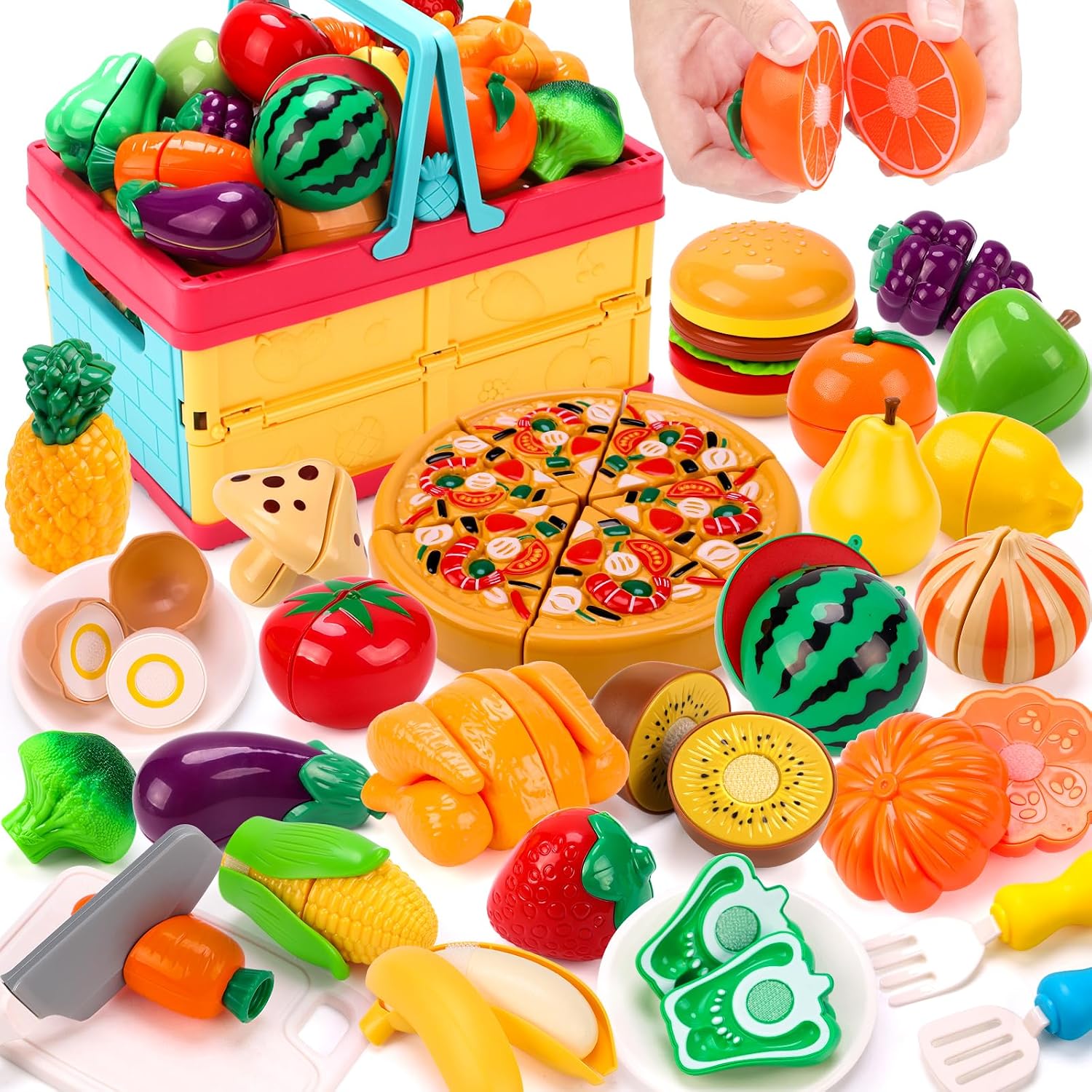 KaeKid 70PCS Kids Pretend Play Food Sets for Children Kitchen Toys, Cutting Vegetable Fruit Pizza Food Toy Kitchen Accessories with Basket, Gift for Kids Age 3+ Years Old