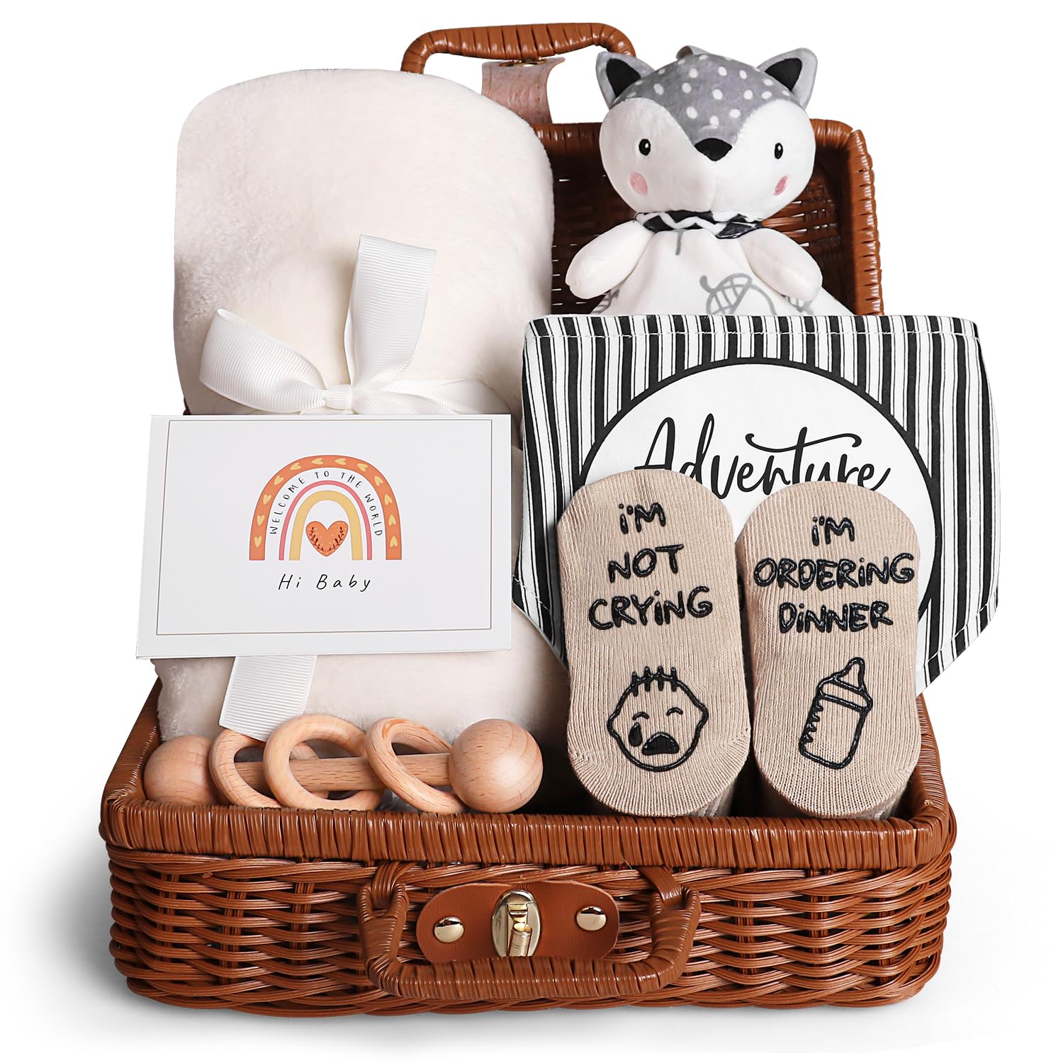 Baby Shower Gifts, Baby Gifts for Girls Boys, Unique Baby Gifts Basket Essentials Stuffs - Baby Lovey Blanket Newborn Bibs Socks Wooden Rattle & Greeting Card, Newborn Baby Gift Set
