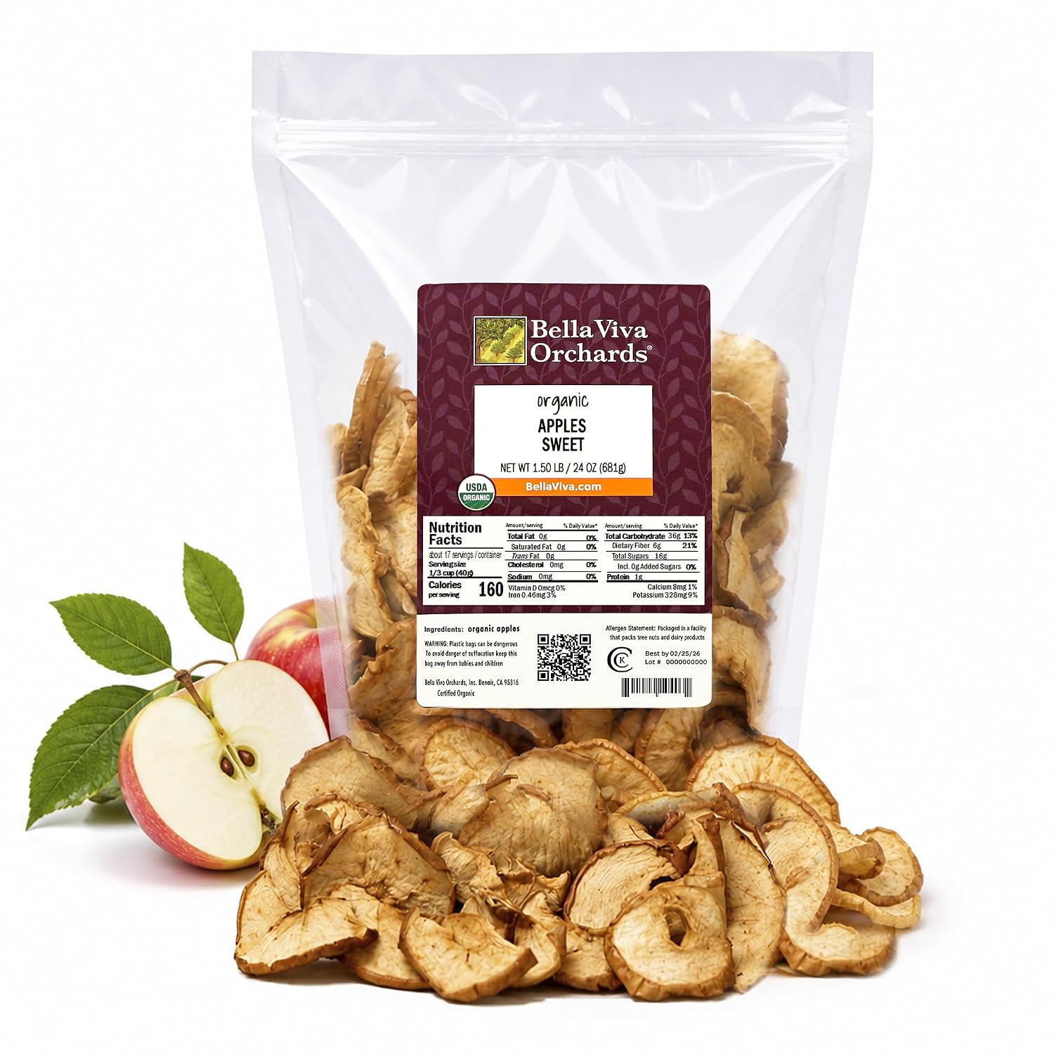 Bella Viva Organic Dried Apples, 1.5 lb – Washington Skin-On Slices