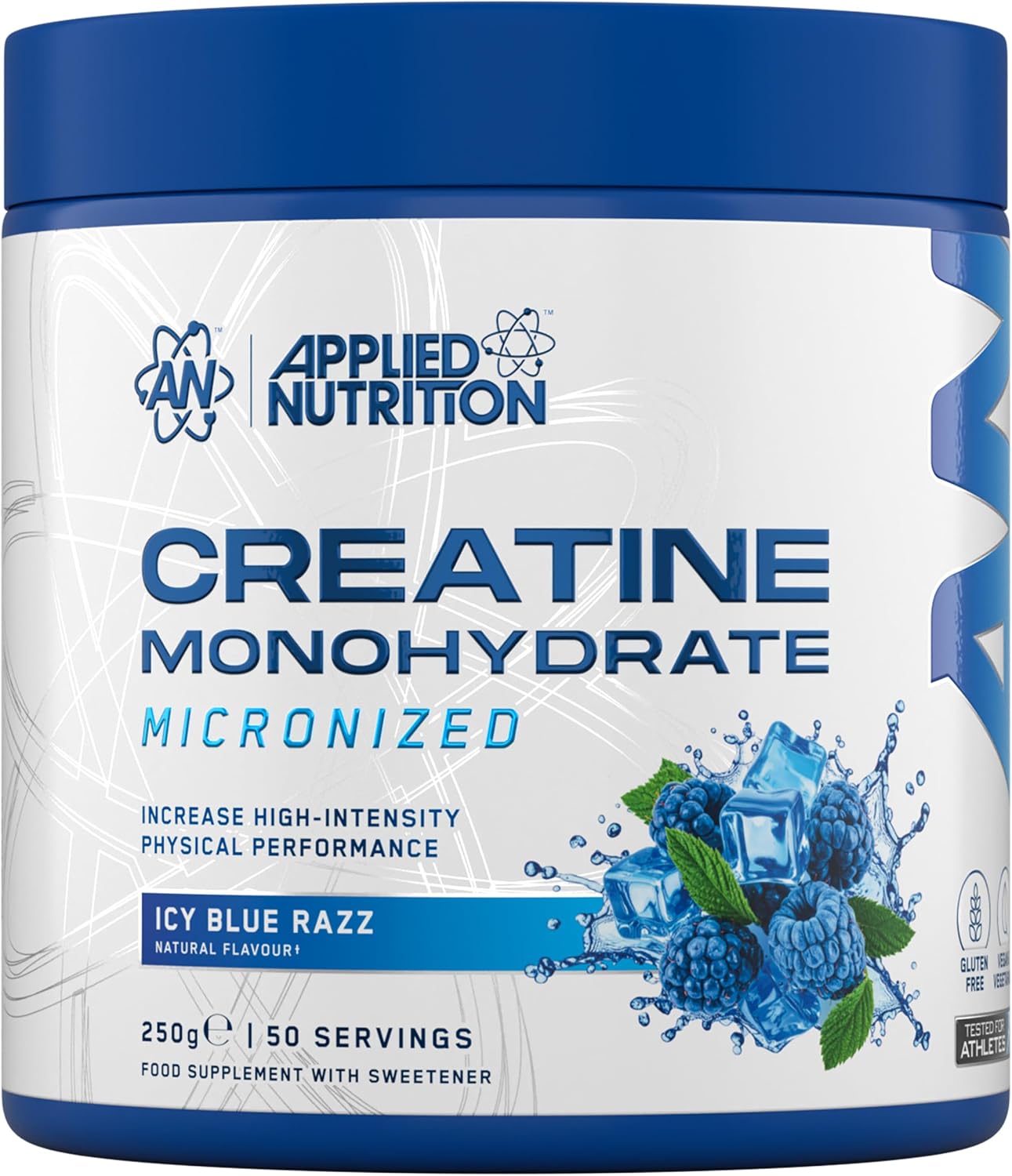 Applied Nutrition Creatine Monohydrate Powder ICY Blue Razz 250g | Tested for Athletes Micronized Creatine Monohydrate - Strength, Muscle, Power - 5g Per Serving (50 Servings)