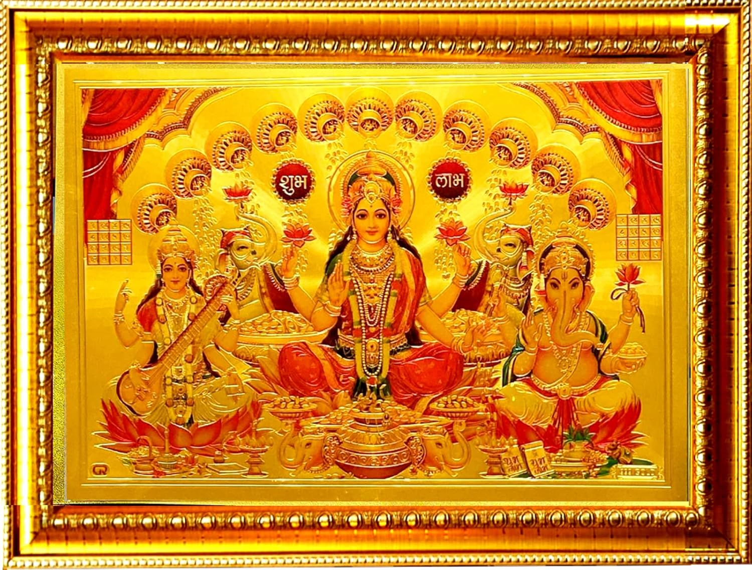 Suninow Laxmi Ganesh Saraswati Photo Frame | God Photo Religious Framed Painting for Wall and Pooja/Hindu Bhagwan Devi Devta Photo Frame/God Poster for Puja (33 x 24 cm)