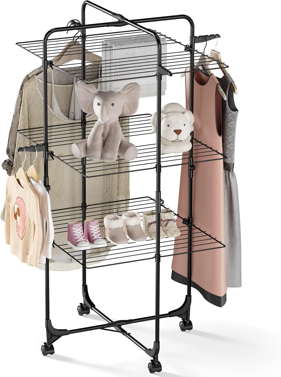 APEXCHASER Clothes Drying Rack, 3-Tier Collapsible Laundry Rack Stand Garment Drying Station with Wheels and 4 Hooks, Indoor-Outdoor Use, for for Bed Linen, Clothing, Socks, Black