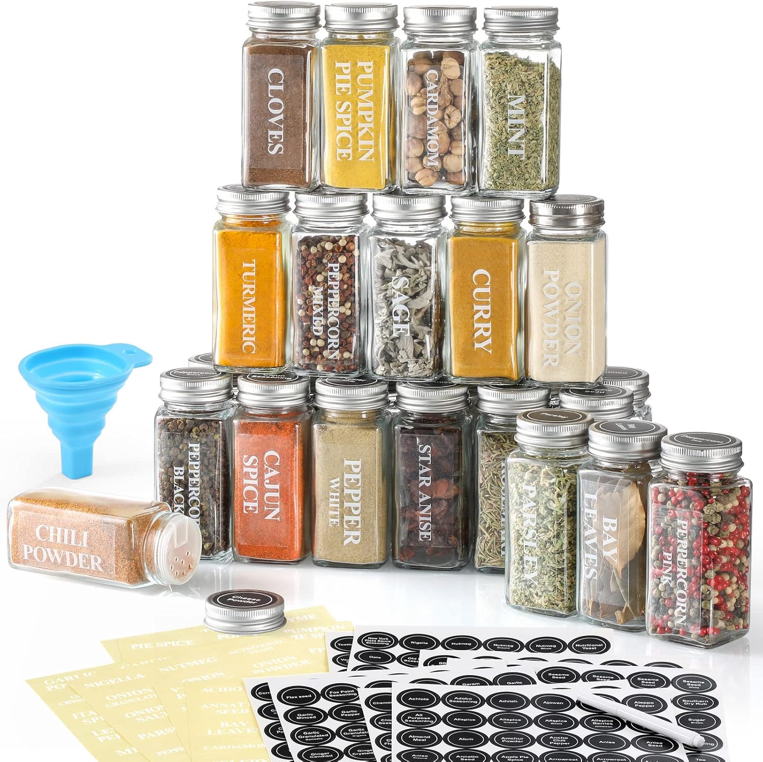 AOZITA 24 Pcs Glass Spice Jars with Labels - 4oz Empty Square Spice Bottles Containers, Condiment Pot, Shaker Lids and Airtight Metal Caps - Silicone Collapsible Funnel