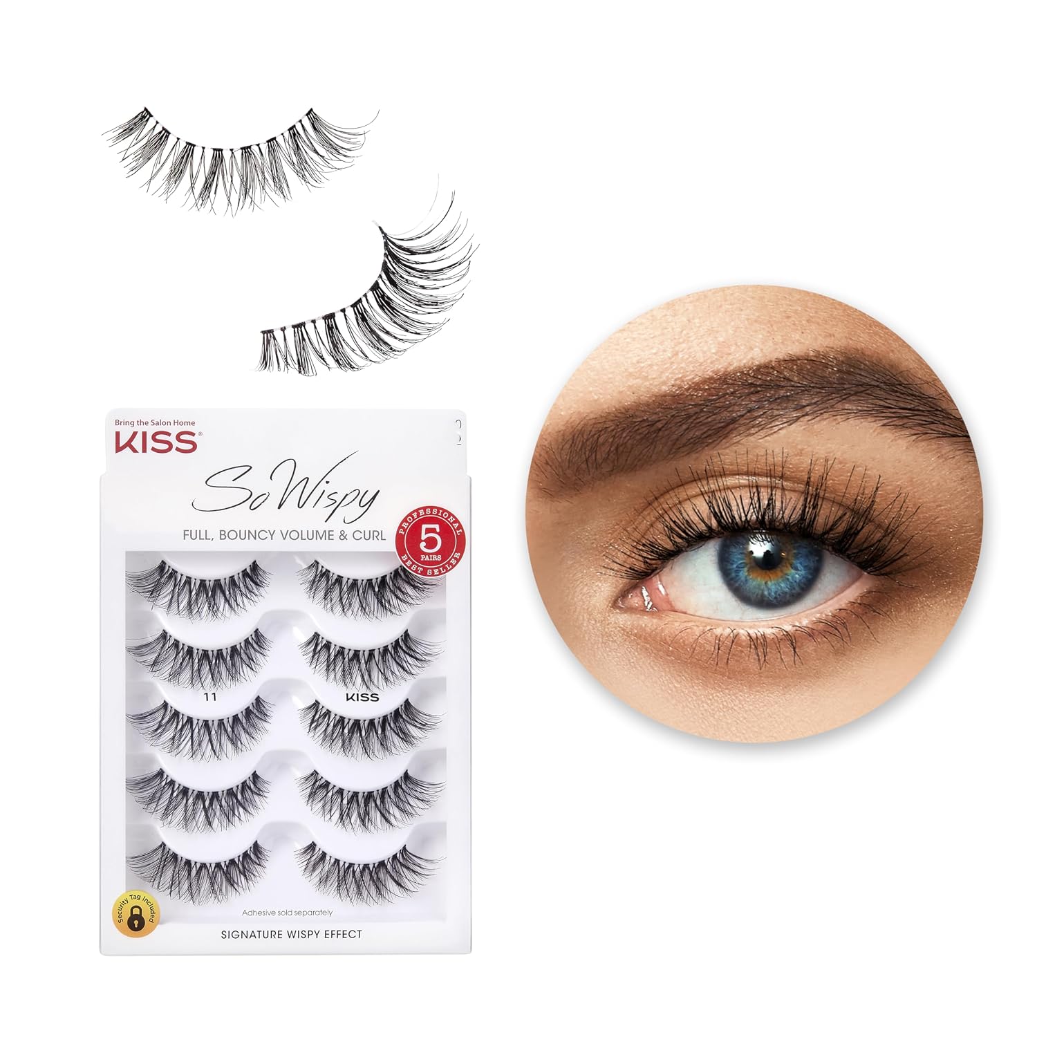 KISS So Wispy, False Eyelashes, 'Style #11', 12 mm, Includes 5 Pairs Of Lashes, Contact Lens Friendly, Easy to Apply, Reusable Strip Lashes, Glue On, Mulitpack