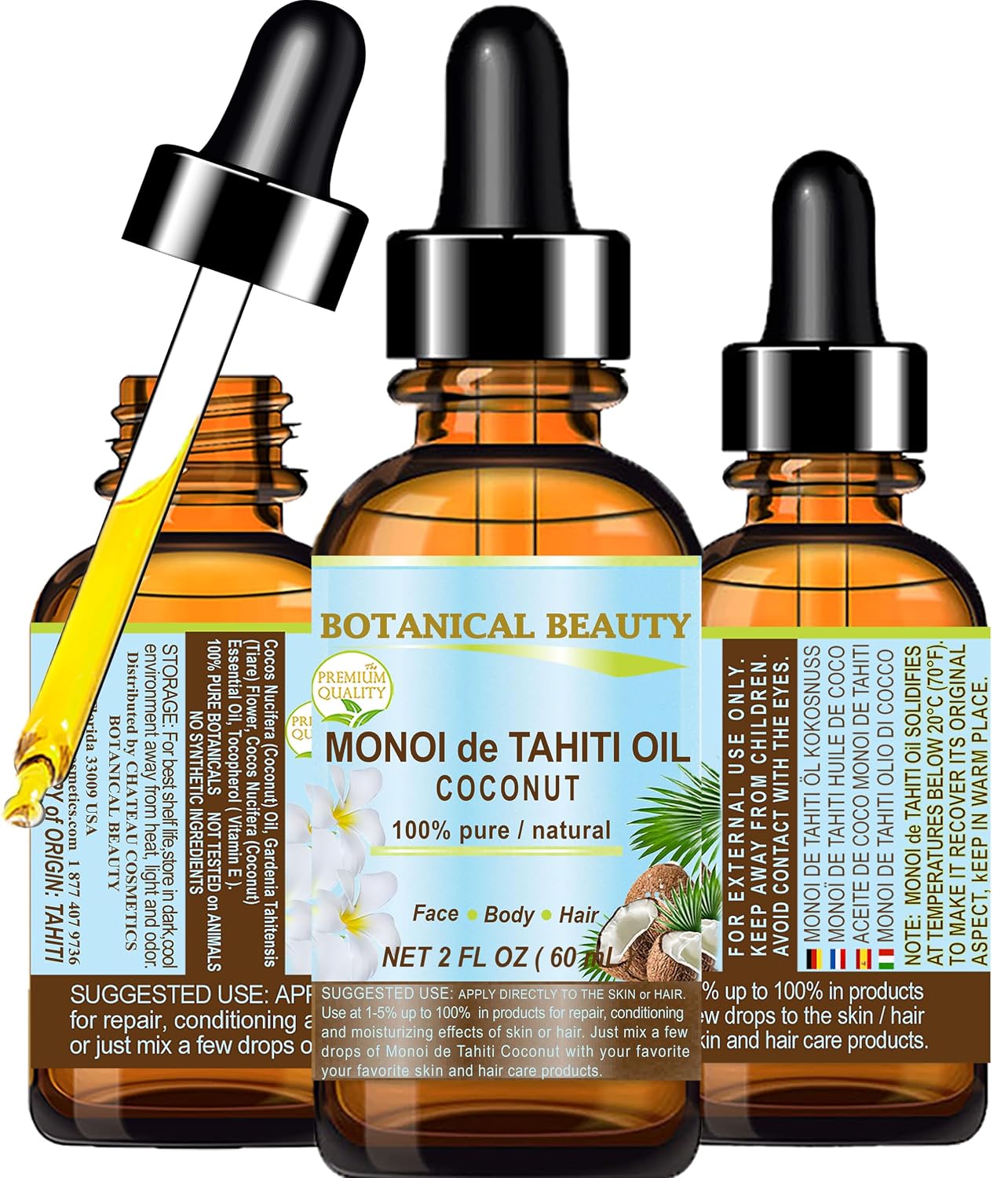 Botanical Beauty MONOI de TAHITI OIL COCONUT 100% Pure Natural Virgin Unrefined RAW 2 Fl. Oz.- 60 ml for FACE, SKIN, BODY, HAIR, NAILS