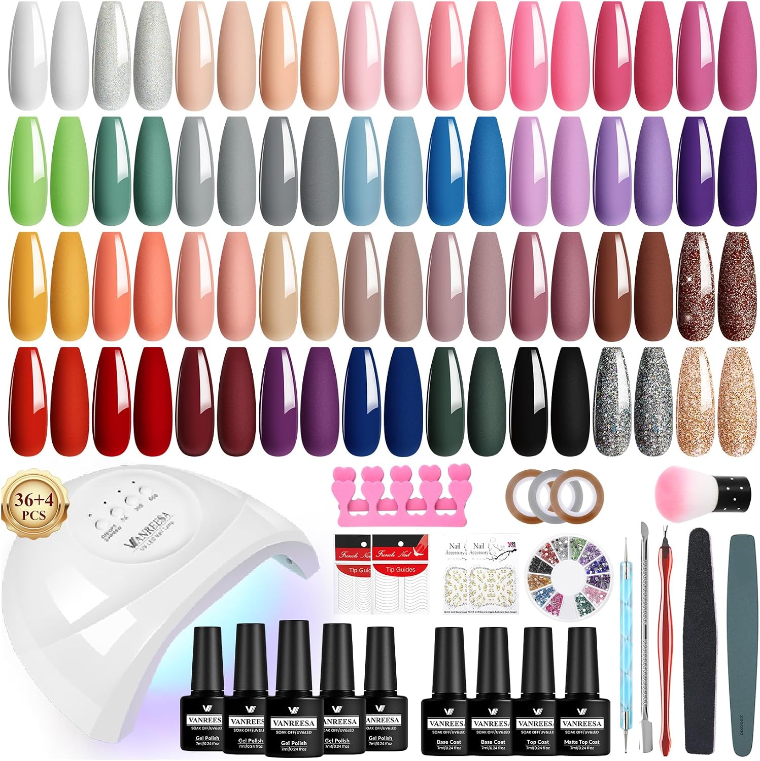 VANREESA 60 PCS Gel Nail Kit with 48W U V Lamp 36 Colours All Seasons Gel Nail Polish Set with Lamp Starter Kit Pink Red Brown Gels Polish Set with Base and Top Coat Manicure Salon Gifts for Women