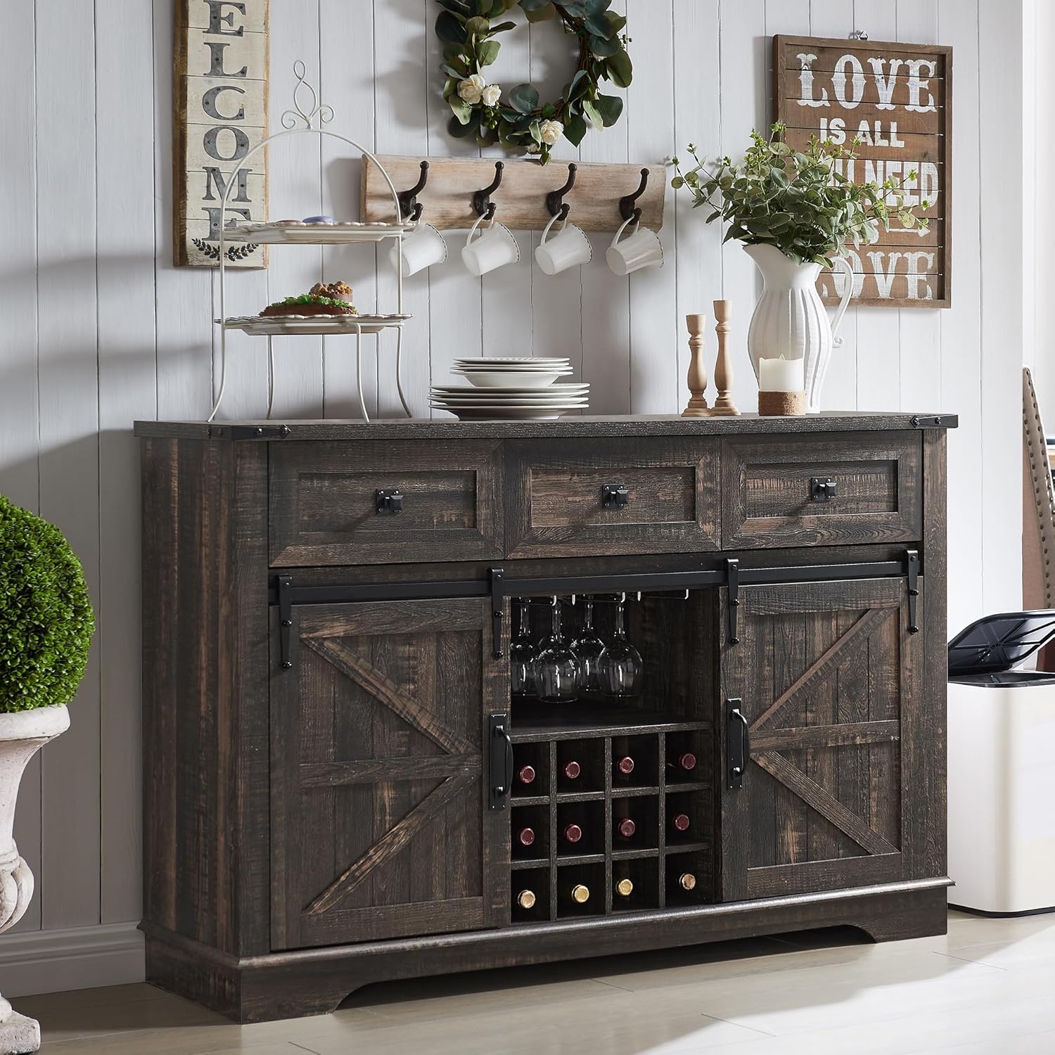 OKD Farmhouse Wine Bar Cabinet w/Sliding Barn Door, 54" Kitchen Coffee Bar Cabinet w/Wine & Glass Rack, Storage Shelves, 3 Drawers, Rustic Large Buffet Sideboard for Dining Room, Dark Rustic Oak