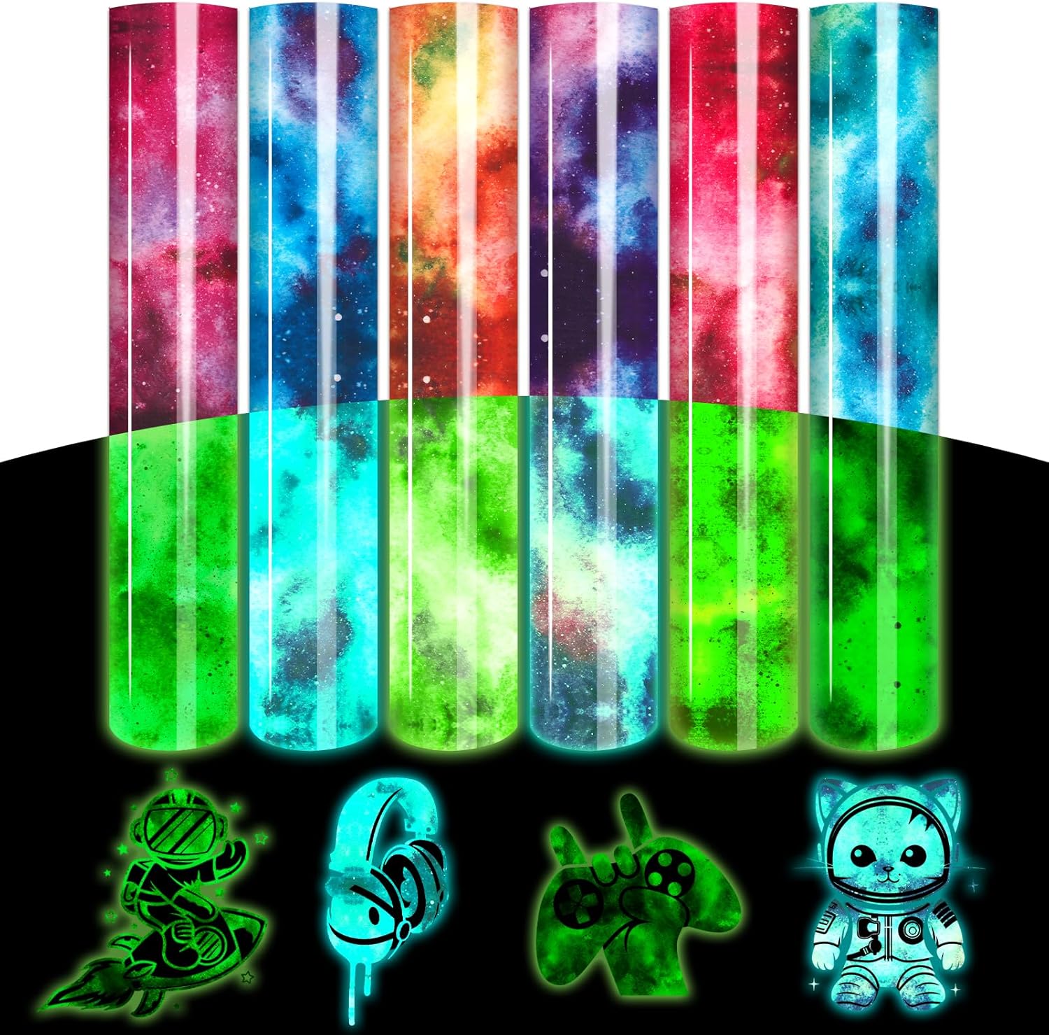 Tintnut Glow in Dark HTV Heat Transfer Vinyl - 12x10 inch 6 Sheets Luminous Galaxy Iron on Vinyl Galaxy HTV Vinyl for T-Shirts DIY Compatible with Cricut or Silhouette Cameo