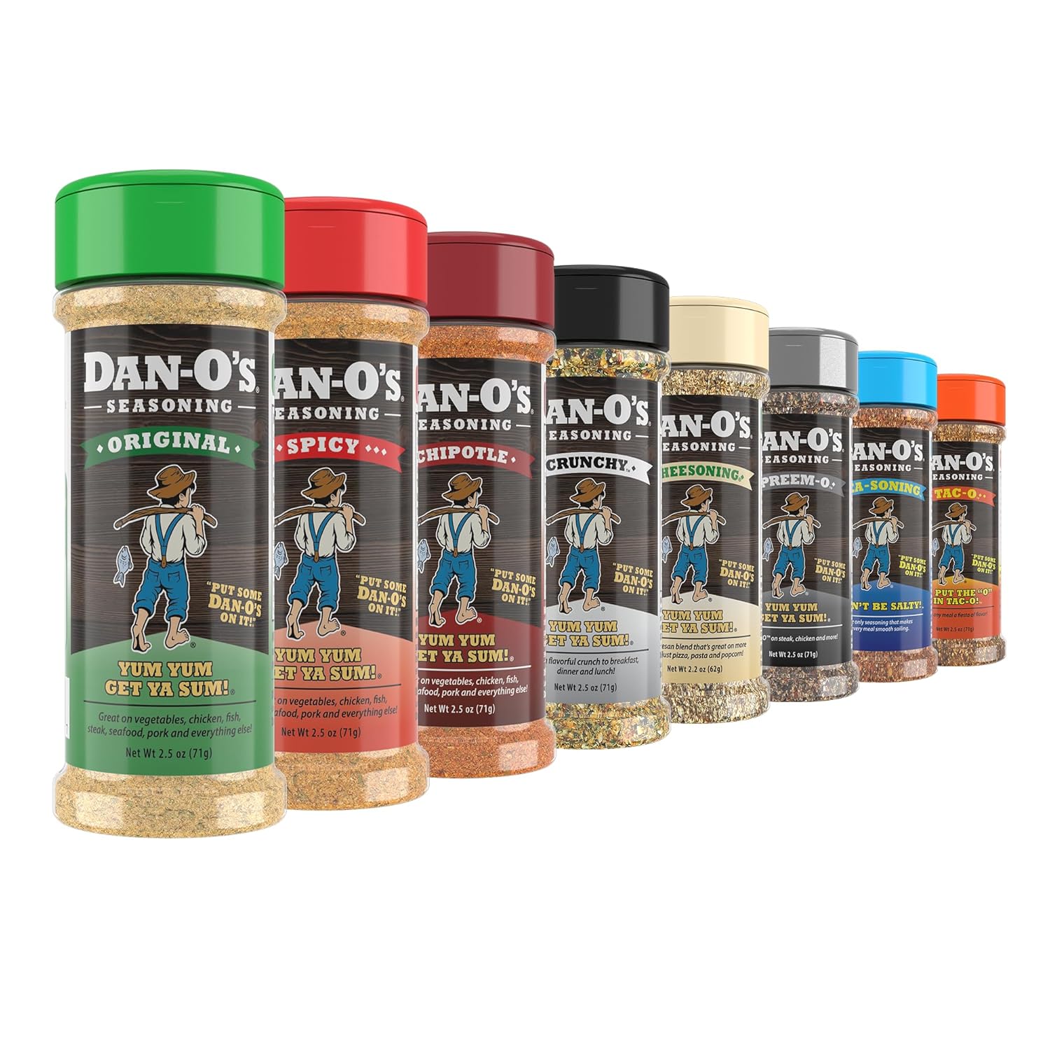 Dan-O's 8 Bottle Seasoning Set, Extra-Small Bottles, 8 Pack, Includes Original, Spicy, Chipotle, Crunchy, Cheesoning, Preem-O, SEA-soning and Tac-O Seasonings, Sugar Free, Zero Calorie, Seasoning Kit