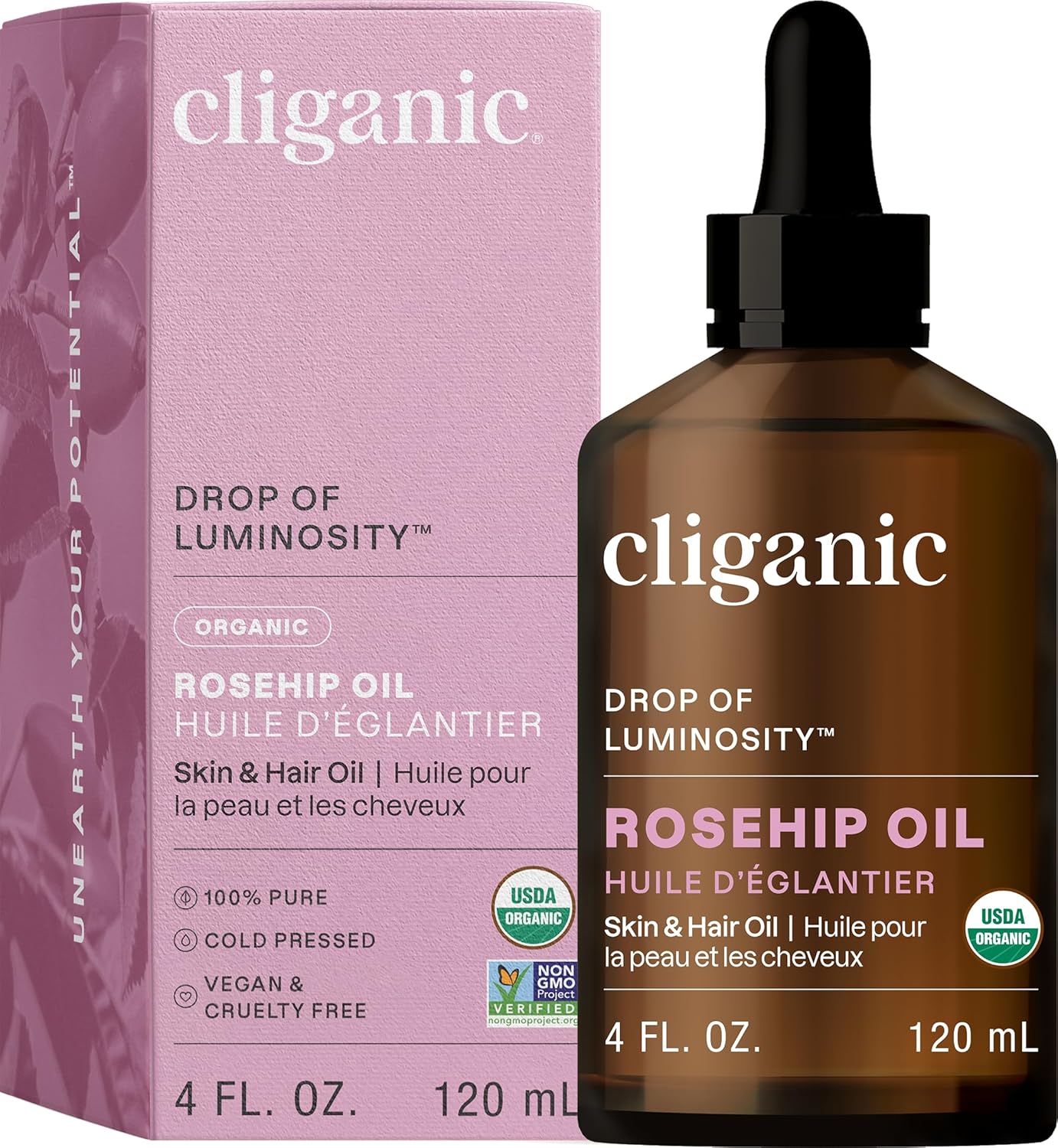 USDA Organic Rosehip Oil for Face, 100% Pure | Natural Cold Pressed Unrefined, Carrier Seed Oil for Skin, Hair & Nails | Certified Organic (120ml) | Cliganic 90 Days Warranty