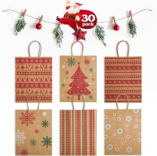 GSSUSA 30 Pack Christmas Gift Bags 7x8.6x3.3'' Paper Bags with Handles Bulk, Assorted Designs Christmas Craft Bags,Sturdy Xmas Party Favors Bags, Holiday, Goodie, Treat Bags, Retail Shopping bags