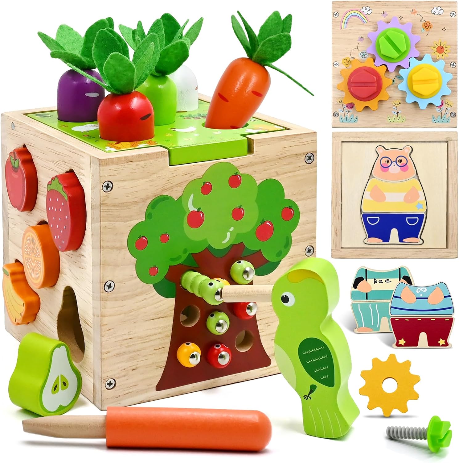 Baby Early Development Activity Games Wooden Cube Toys for 18+ Months Girls Boys Present, 5 in 1 Toddler Learning Toys - Shape Sorter, Tool Kit, Clothing Puzzles, Carrot Harvest, Catching Worm