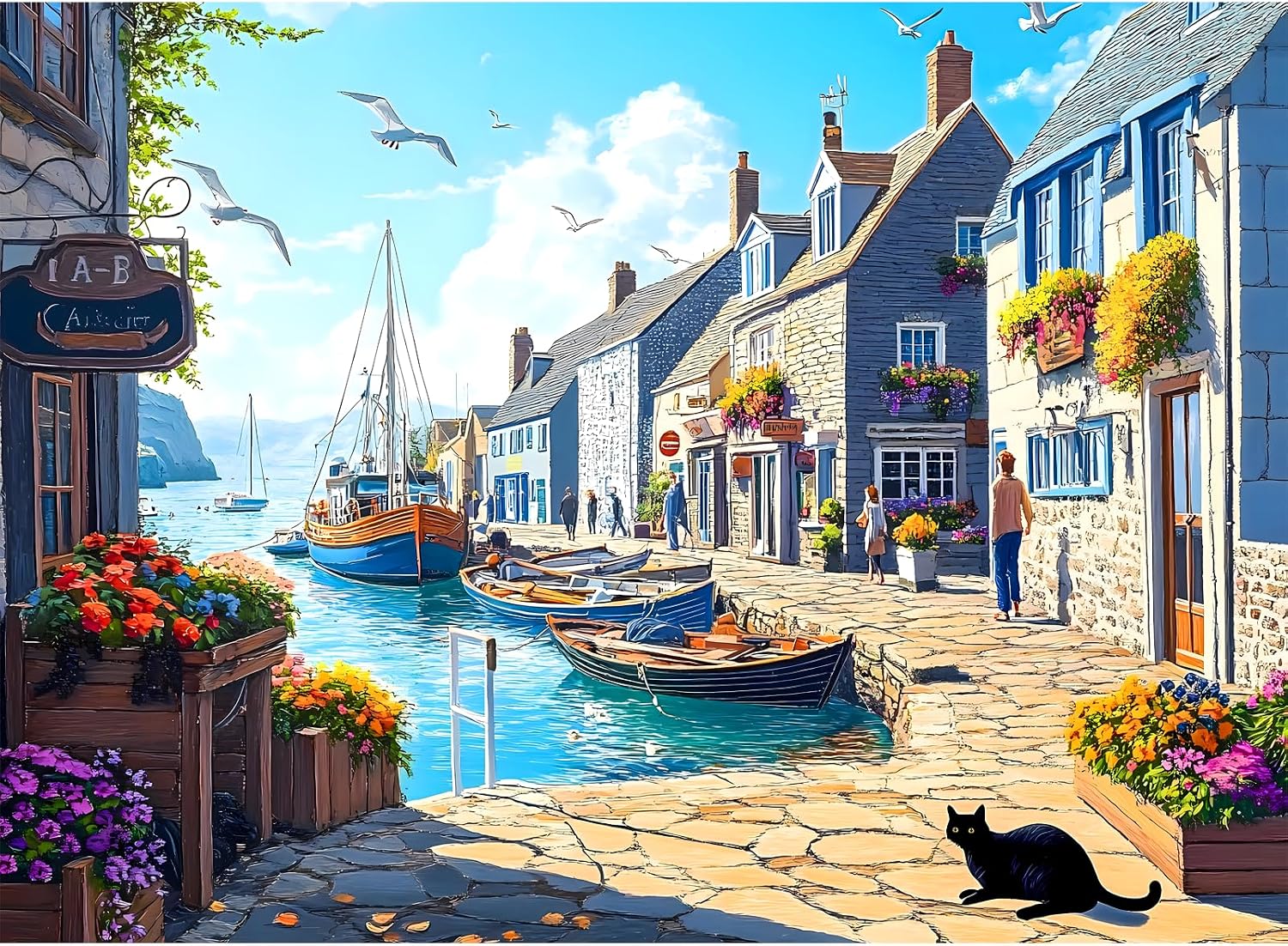 500 Piece Puzzle for Adults, Charming Coastal Village 500 Pieces Jigsaw Puzzles, Seaside Harbor with Cat Puzzle, Perfect for Family Game Night, Ideal Gift for Adults Seniors, 20.5 x 15 in