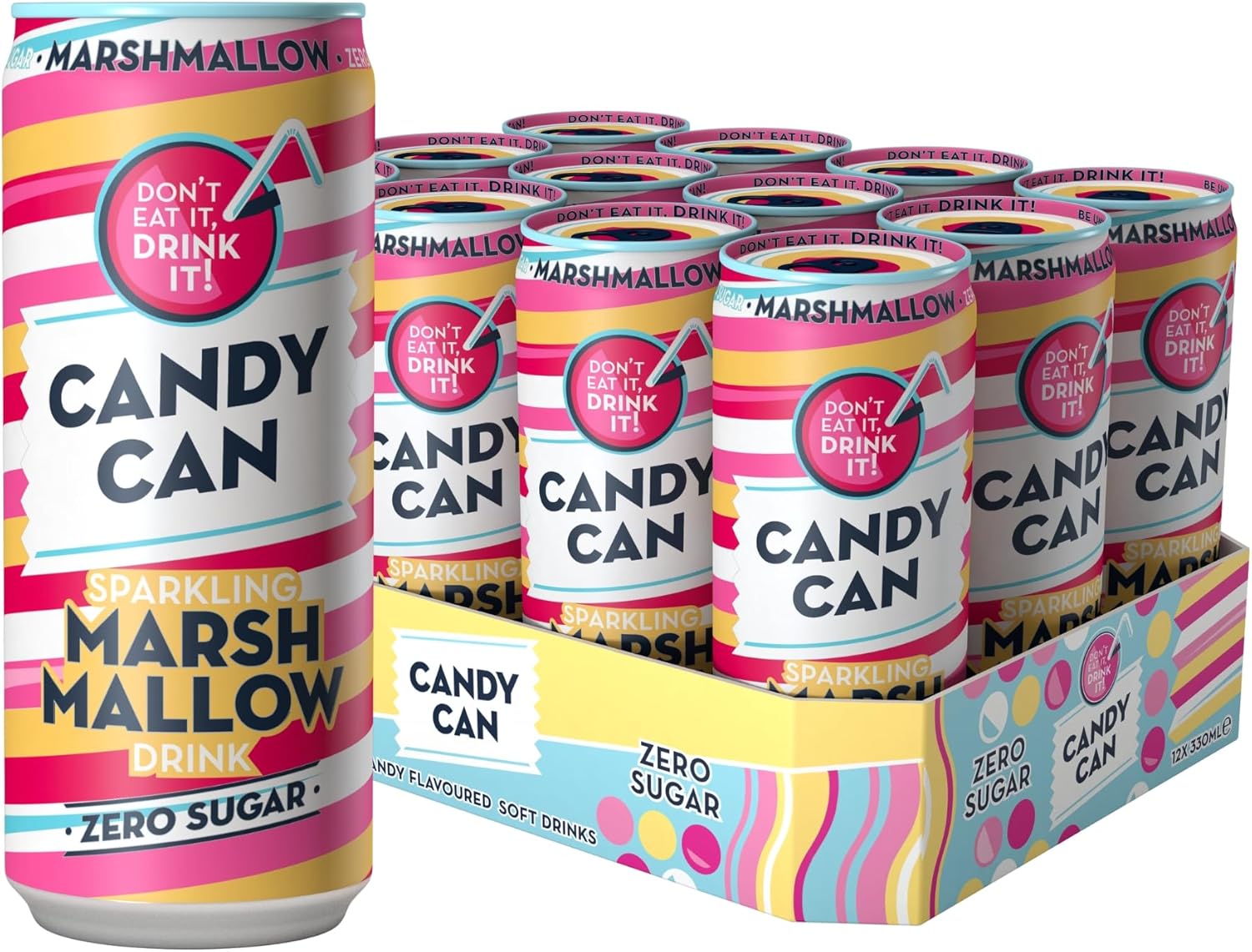 Candy Can Sparkling Soda, Marshmallow Flavour, Sugar-Free and Gluten-Free, Pack of 12 x 330ml Cans