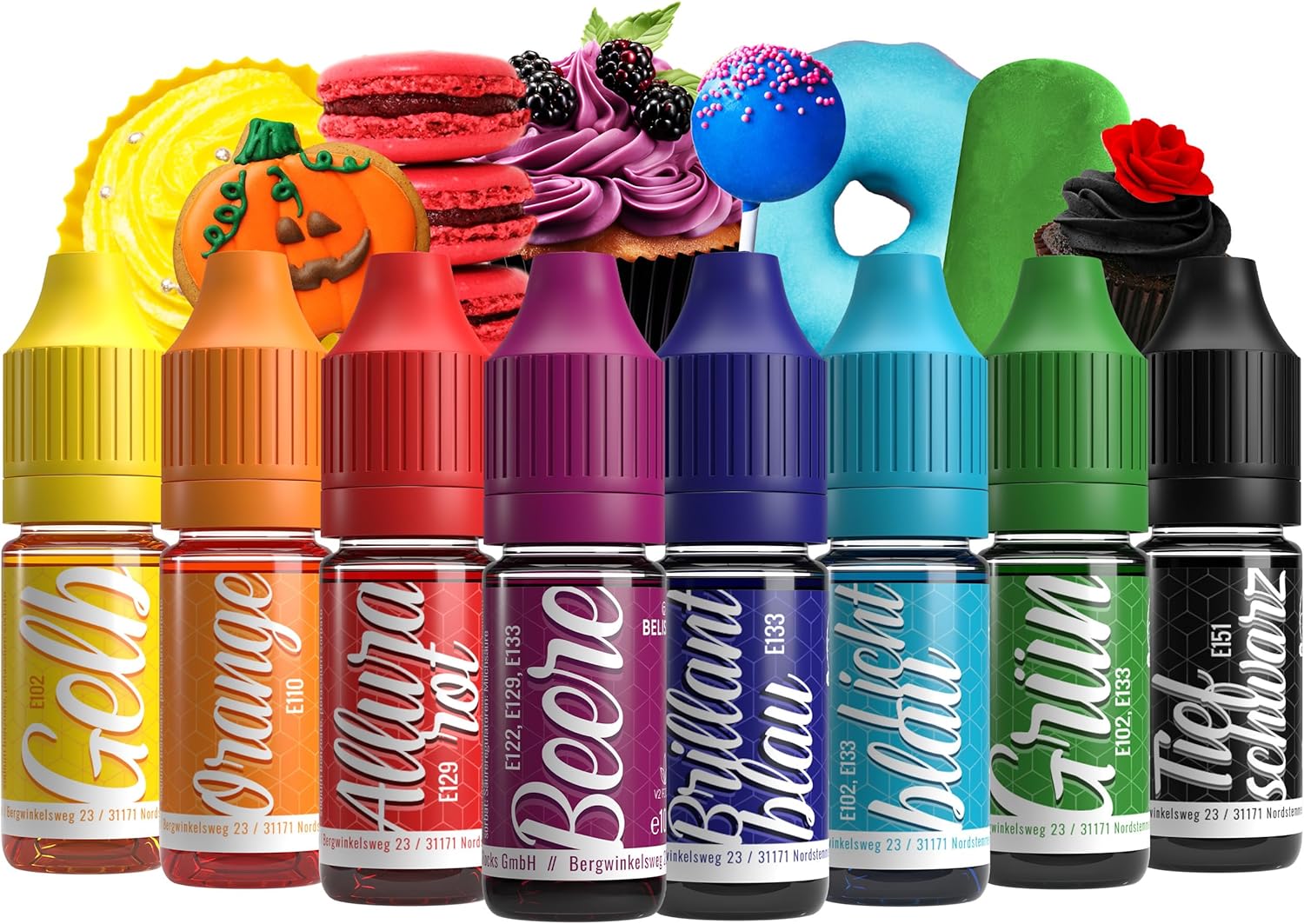 Belissia food colouring set - 8x10ml liquid & highly concentrated - food-safe food colouring for baking, cooking, fondant & DIY - vegan, strong colouring, neutral taste
