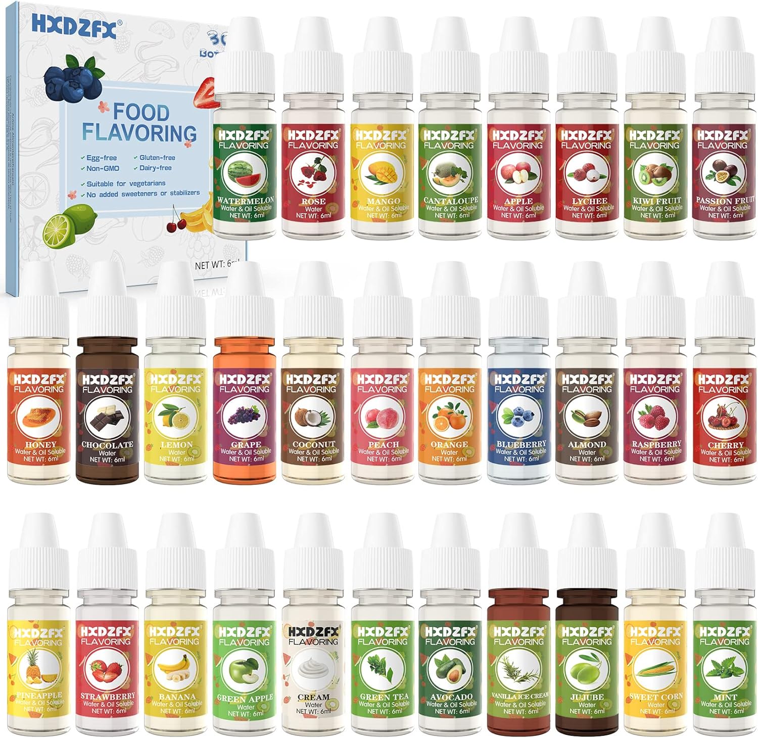Food Flavoring Oil - 30 Liquid Concentrated Food Flavour Oil for Baking, Cooking - Lip Gloss Flavouring Oil for Lip Balm, Cosmetics, Drink, Soap Making - Water & Oil Soluble(6ml Bottles)