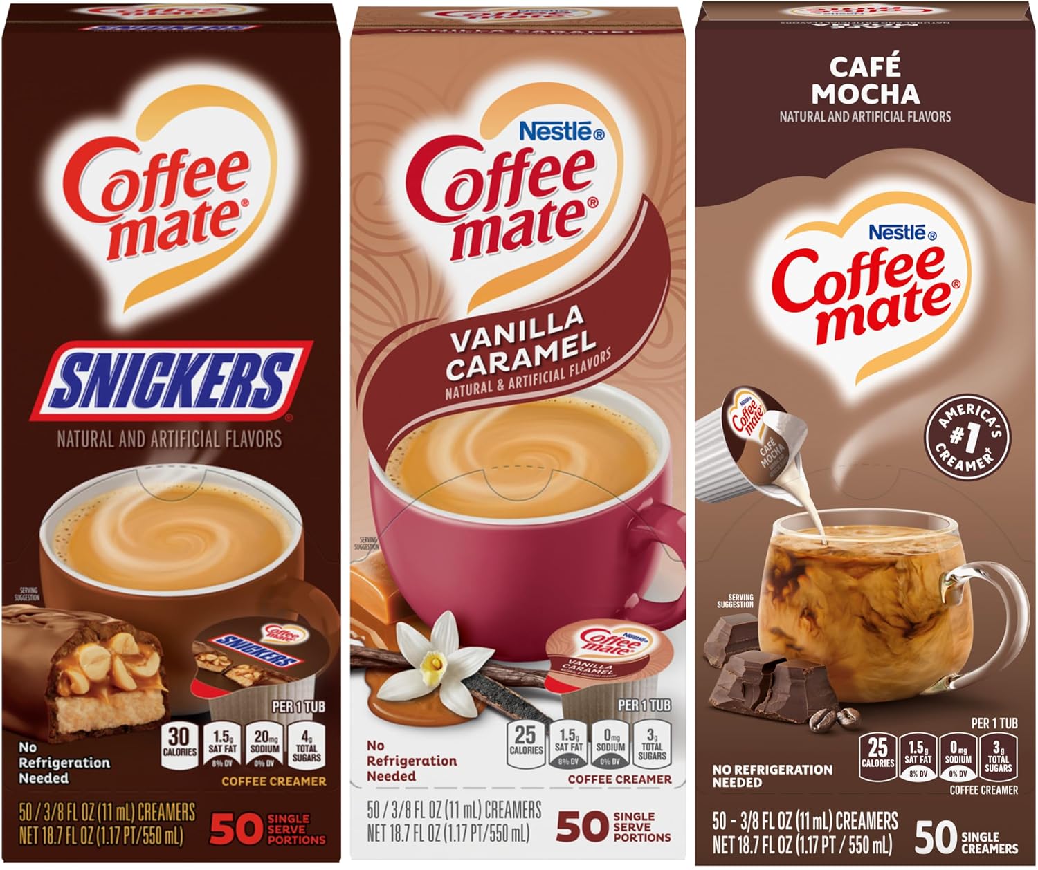 Nestle Coffee mate Liquid Coffee Creamer Singles Variety Pack, Snickers, Vanilla Caramel, Cafe Mocha, 50 Ct Box (Pack of 3)