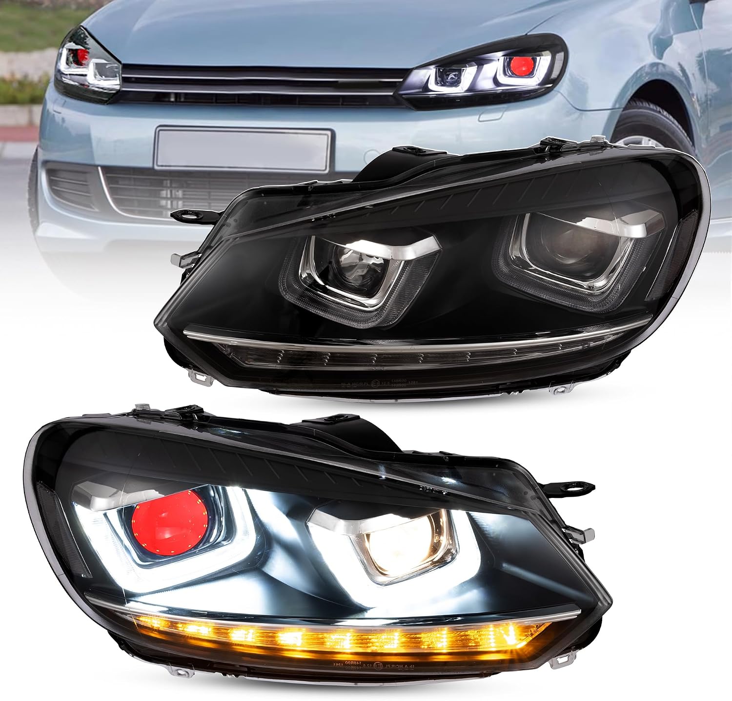 VLAND LED Headlights Compatible with Golf 6 MK6 2010-2014 Halogen Models(NOT FTT GTI/R) Demon Headlamp Assembly w/Sequential