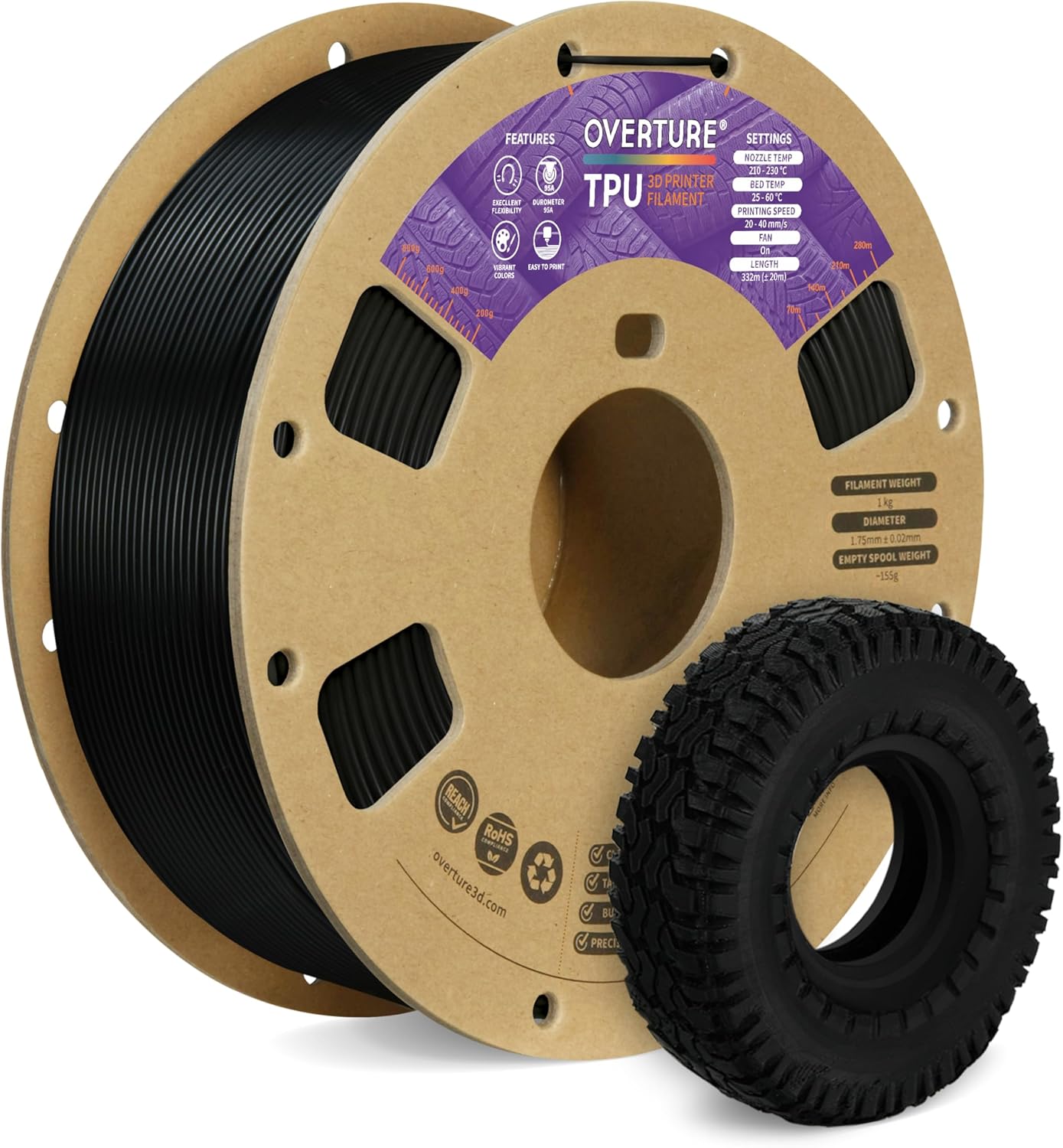 OVERTURE TPU Filament 1.75mm Flexible TPU Roll, 95A Soft 3D Printer Filament, 1kg Spool (2.2 lbs), Dimensional Accuracy +/- 0.02 mm(TPU Black)