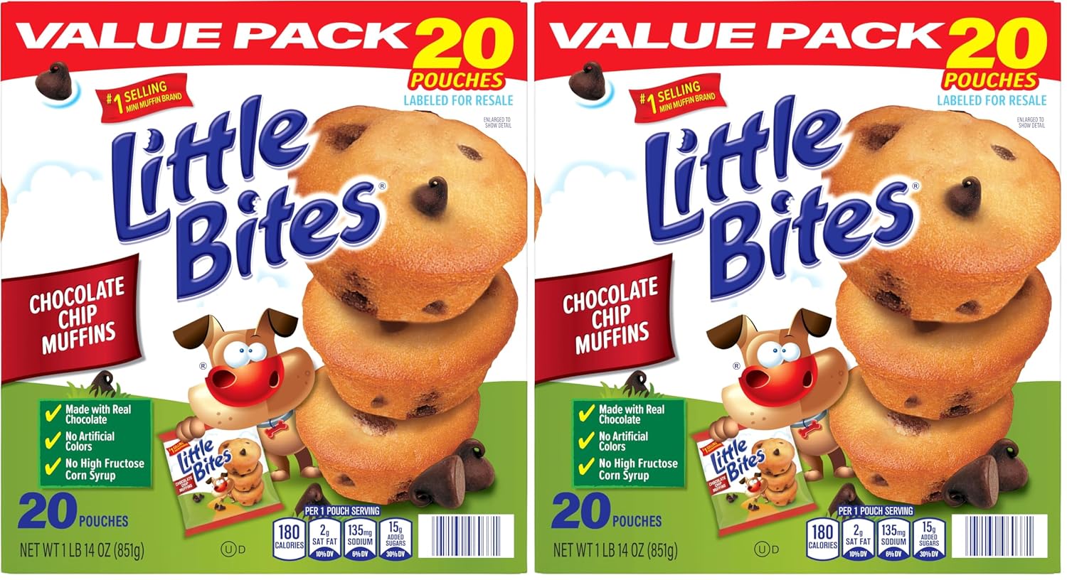 (Value Pack) Little Bites Chocolatey Chip Muffins, 20 individual packs, (1.5 oz each), Made with Real Chocolate Chip Mini Muffins, 30 oz Multipack (Pack of 2)