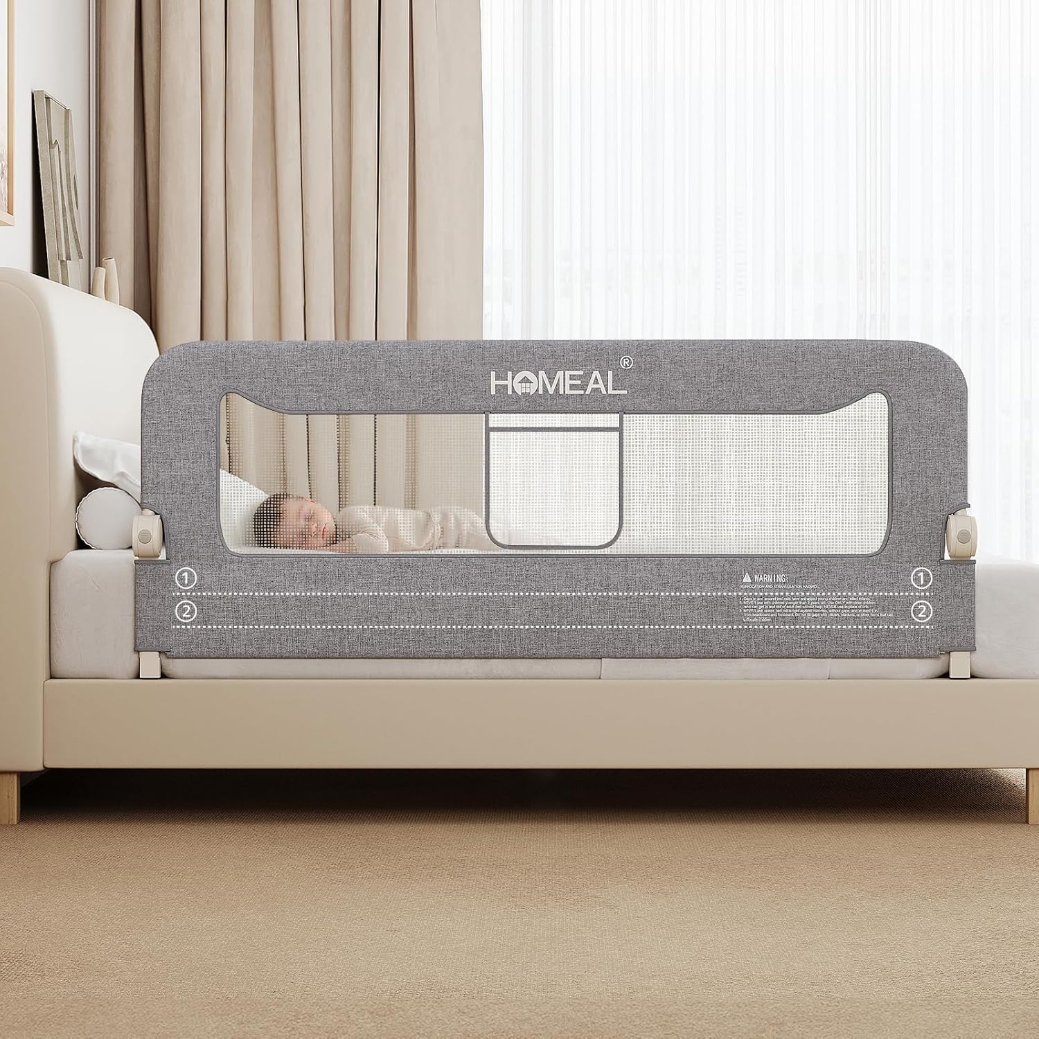 HOMEAL Bed Rail for Toddlers, 59in Swing Down Baby Bed Rail Guard, Toddler Bed Rails for King Size Beds, Twin, Full, Queen, Bed Guard Rail for Toddlers, Grey