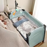 JOYMOR 3 in 1 Baby Bedside Bassinet, Bedside Sleeper with Mattress and Sheet, Convert to Bassinet, Playpen, Foldable Travel Baby Bed, with Toy, Wheels, Brake, Carry Bag
