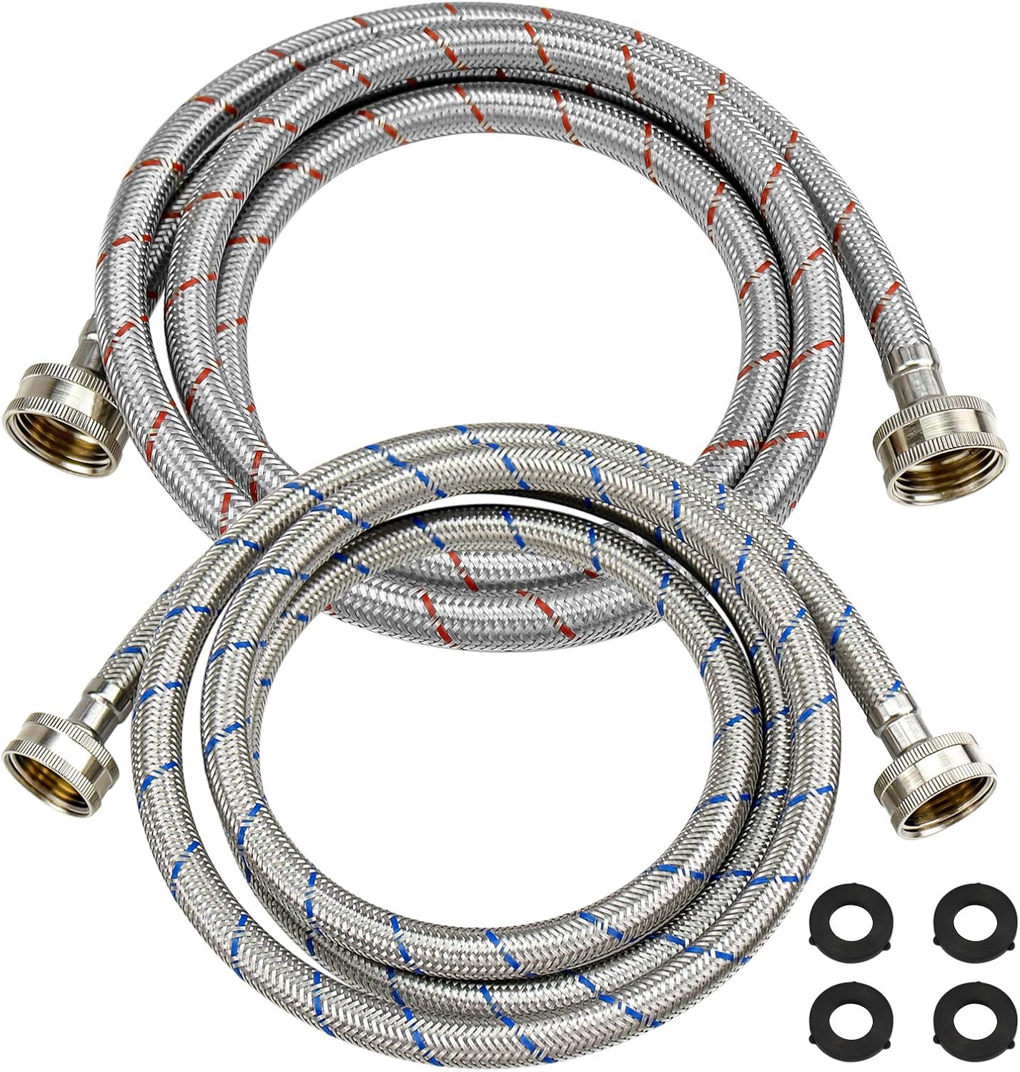 Beaquicy 6 Ft Washer Stainless Steel Hoses Braided Stainless Steel Water Supply Line - Hot and Cold Striped Water Supply Lines for Washing Machine - 2 Pack