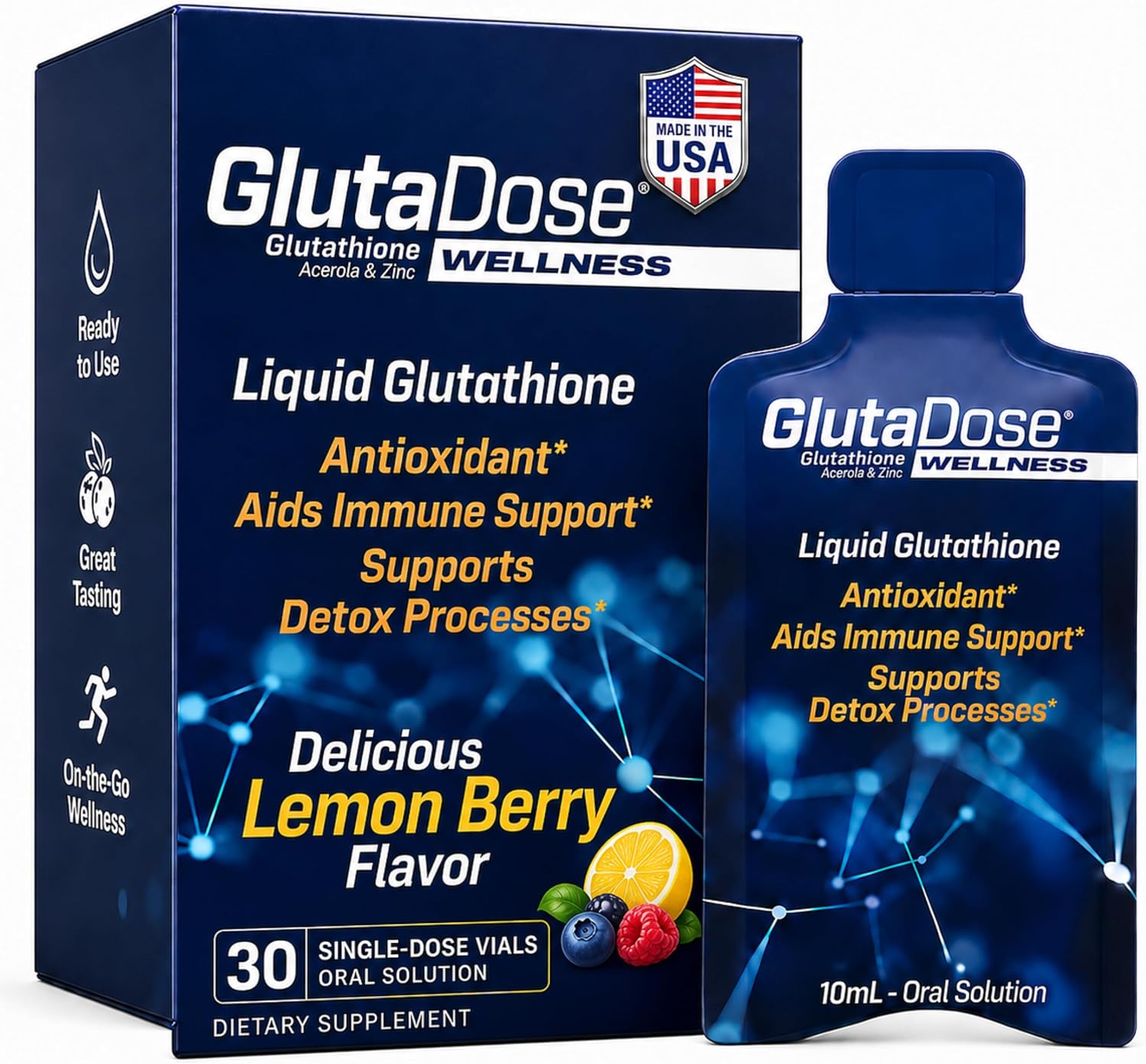 Liquid Glutathione Supplement, Lemon Berry Flavored Acerola Energy Booster w/Zinc, Daily Vitamins & Minerals, Zero Sugar Formulation, Everyday Auto-Immune Support for Adults, 0.34 fl oz, Pack of 30