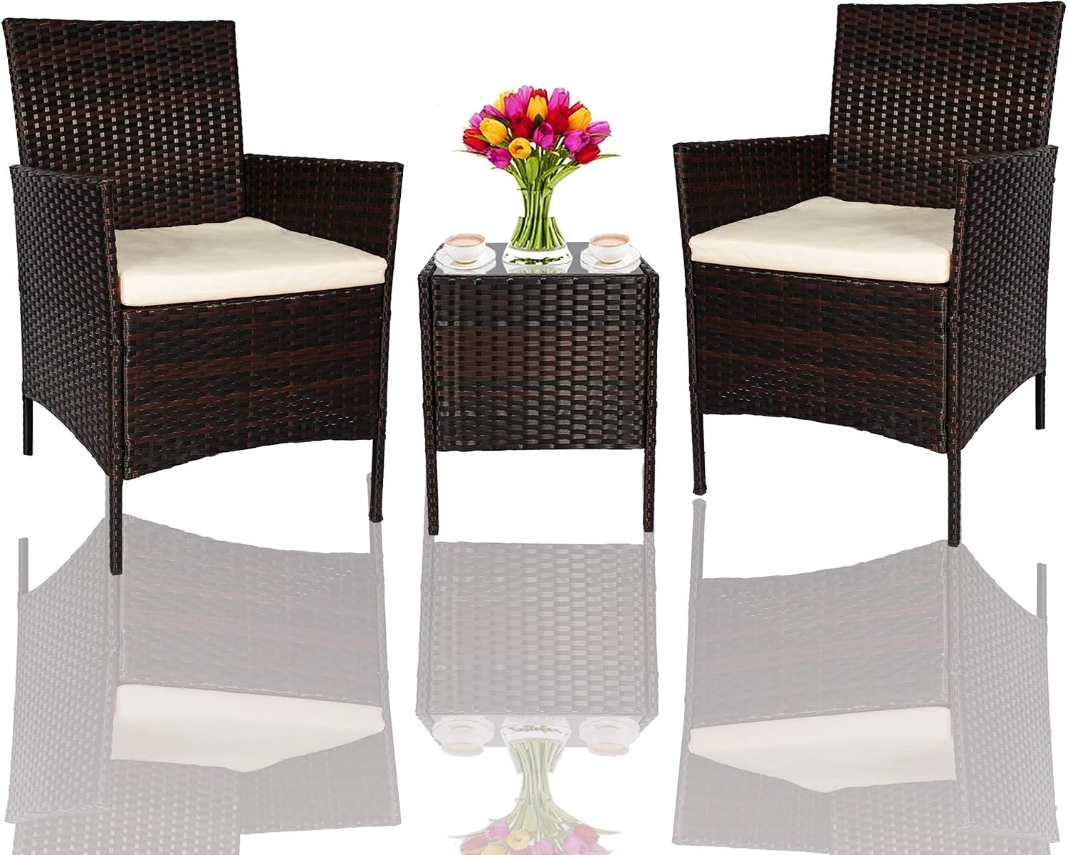 3 Pieces Outdoor Furniture Set Patio PE Wicker Rattan Chairs and Table Sofa Set, Cushioned Seats Conversation Sets (Brown&Beige)