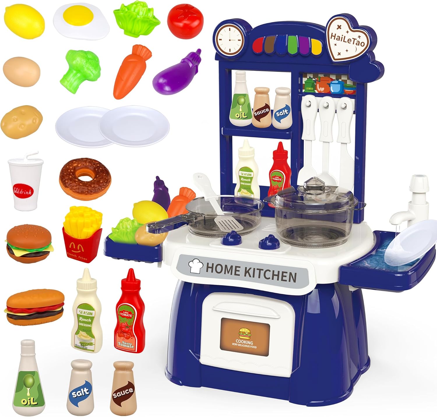 Kitchen Toys Imitated Chef Light Music Pretend Cooking Food Play Dinnerware Set Children Girl Toy Kitchen Sink with Running Water and Electronic Induction Stove (blue kitchen)