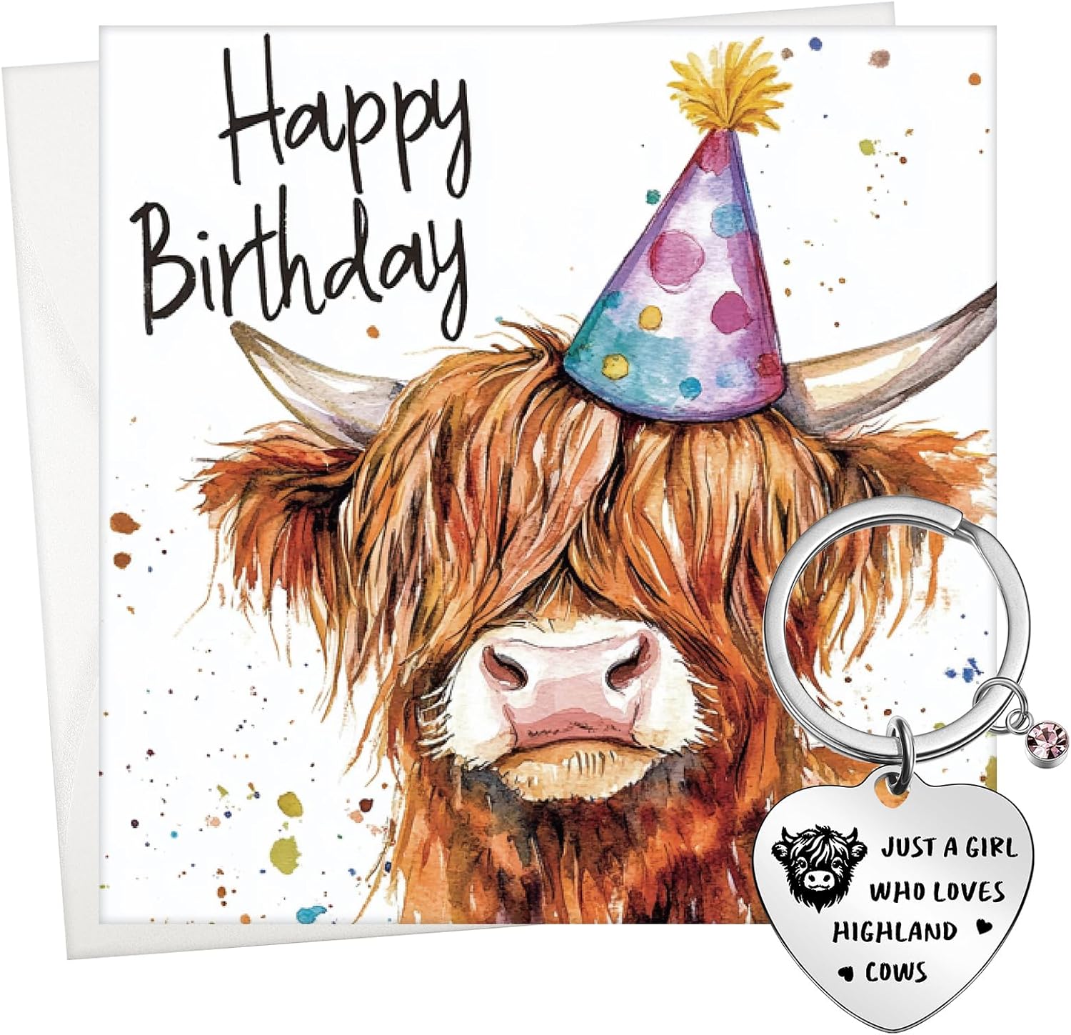 Jadive Highland Cow Birthday Card for Women Cow Keyring with White Envelope Funny Birthday Gifts Just a Girl Who Loves Highland Keyring