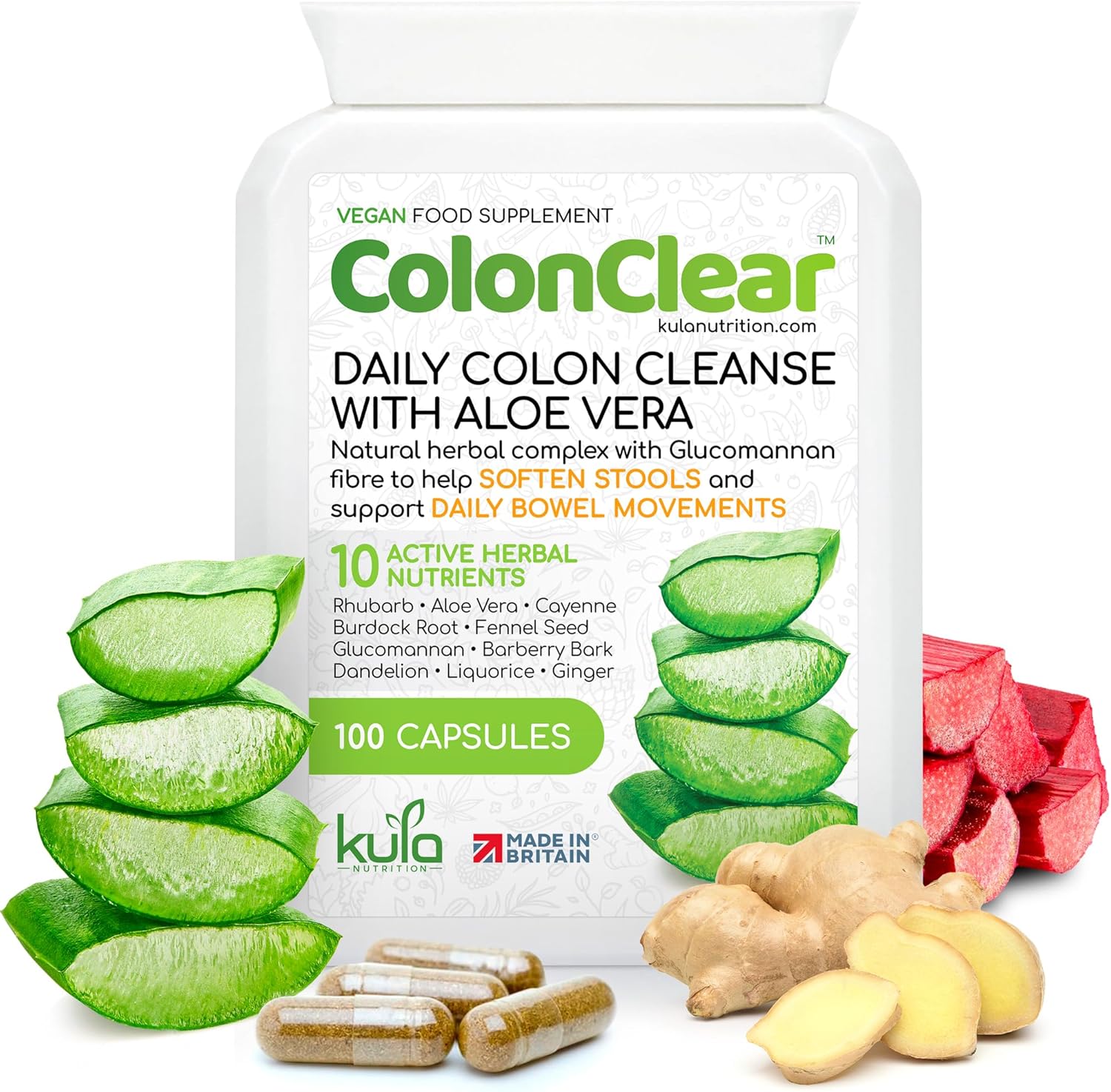 ColonClear - Colon Cleanse Detox - Aloe Vera Complex - 100 Vegan Capsules - Natural Laxative and Stool Softener - Herbal Constipation Relief Tablets with Glucomannan Fibre for Daily Bowel Movements