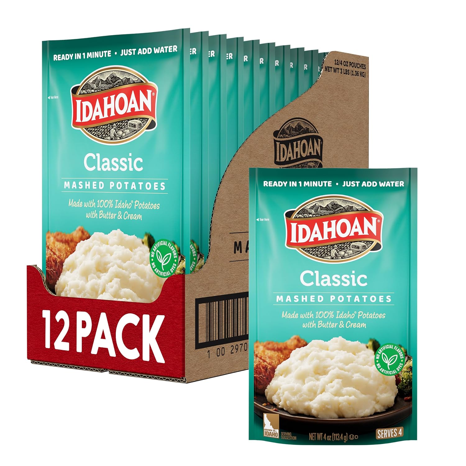 Idahoan Classic Mashed Potatoes, Naturally Gluten-Free, 100% Real Idaho Potatoes, 4 servings per bag, 4 ounce (Pack of 12)
