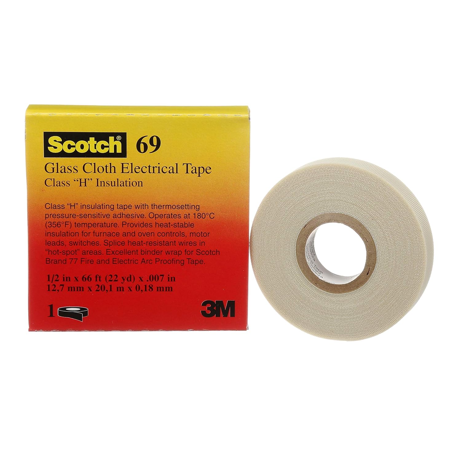 3M Scotch Glass Cloth Electrical Tape 69, 1/2 in x 22 yd, 1 Roll | Premium Grade, Glass Cloth Backing, Silicone Adhesive, High Temperature, Flame Retardant