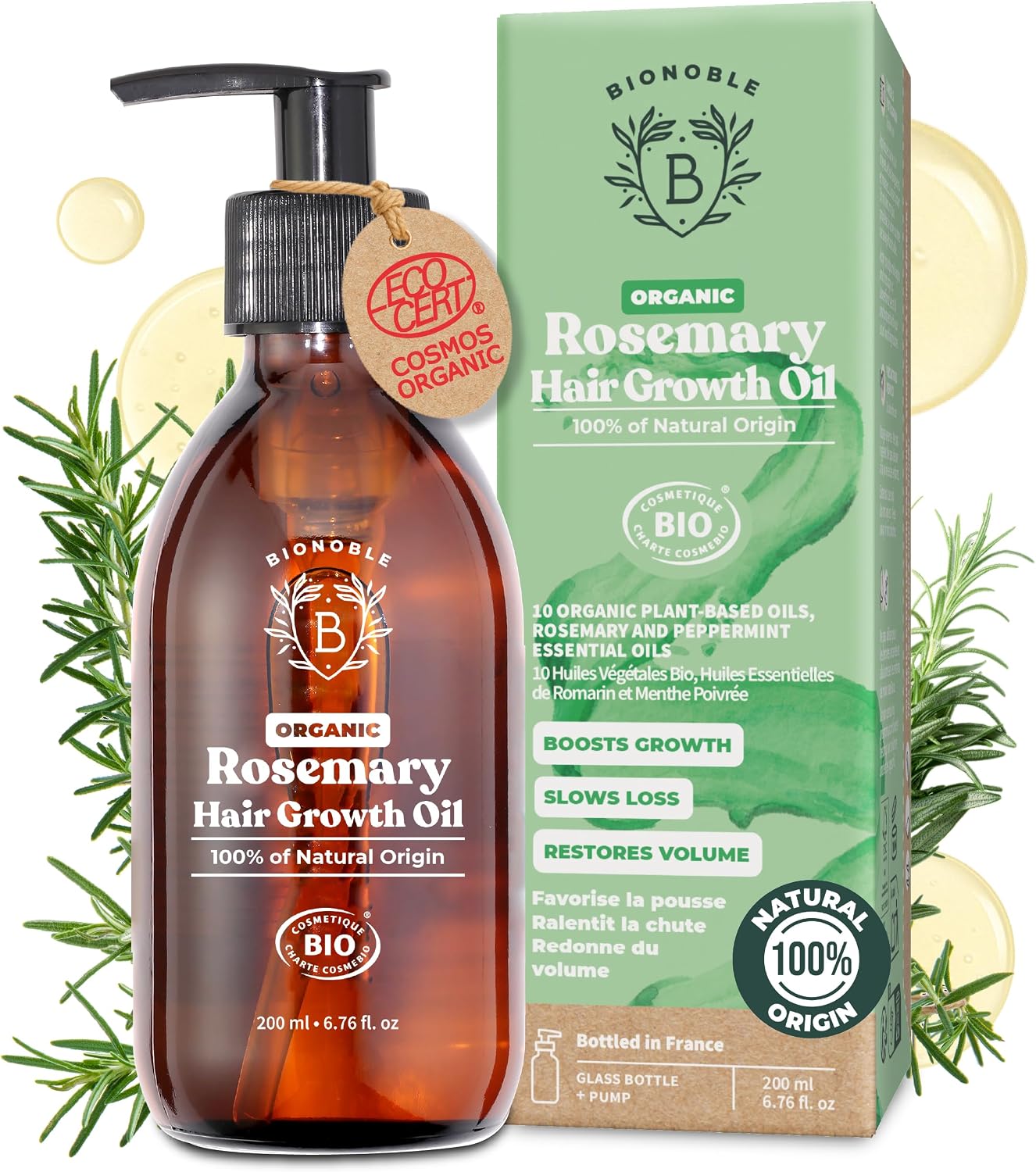 BIONOBLE Organic Rosemary Oil for Hair Growth - Hair Loss, Volume - 200ml