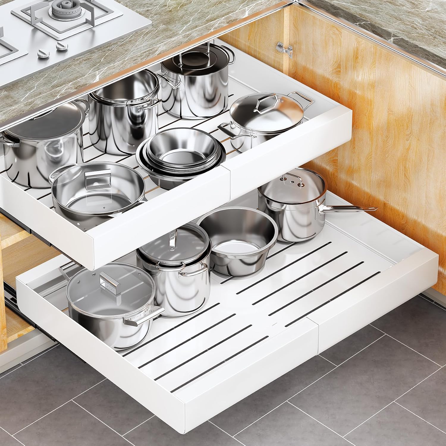 Pull out Cabinet Organizer, Wider Expandable(14"-24") Heavy Duty Slide out Drawers Fixed with Adhesive Nano Film for Pots, Roll out Shelf Storage for Kitchen Base Cabinet Organization(White)