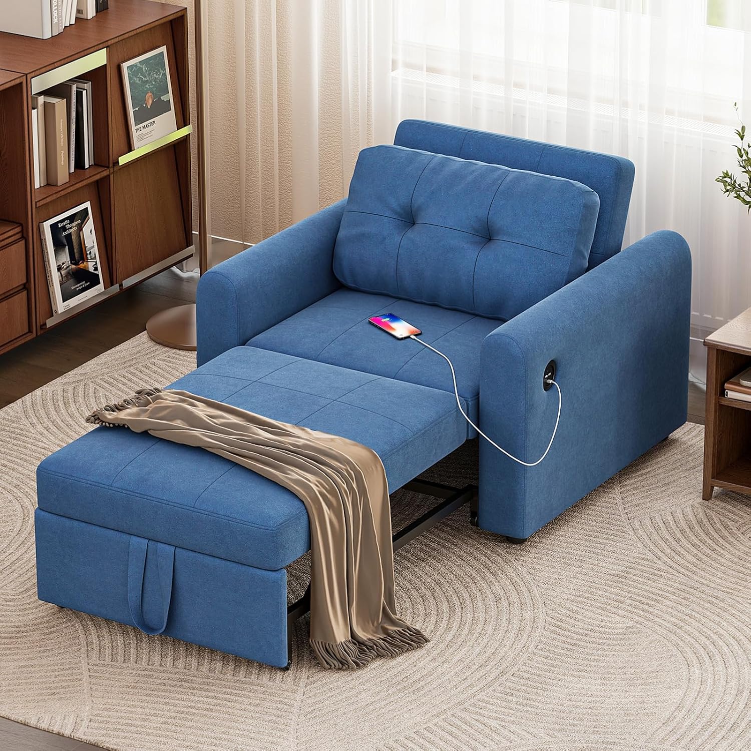 Jooli H Single Sofa Bed, 3-in-1 Convertible Fabric Pull Out Sleeper Sofa Chair with 3-Position Adjustable Backrest, Side Pockets and USB for Living Room, Guest Room, Blue