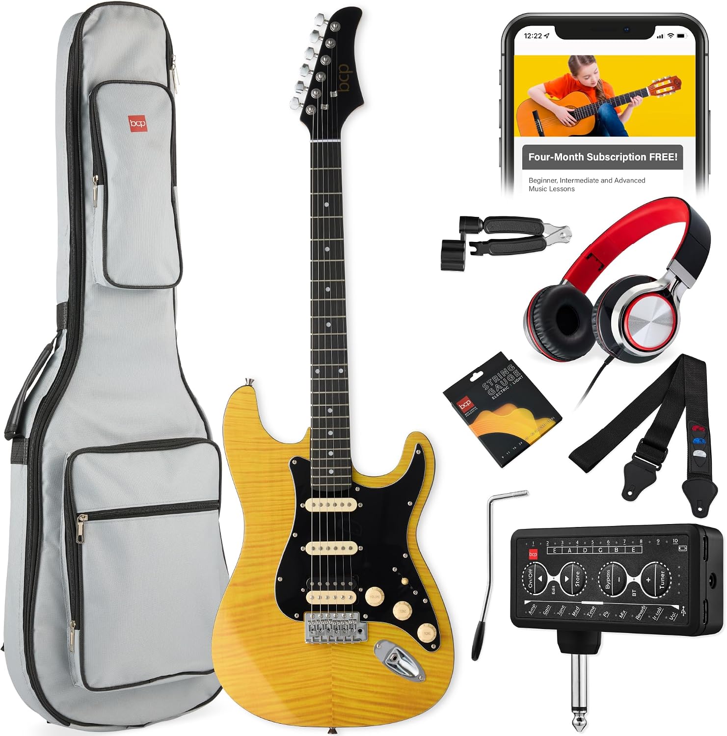 Best Choice Products Beginner HSS Electric Guitar Kit w/Headphone Amp, Padded Gig-Bag, Headphones, Guitar Strap - Natural Flametop/Black