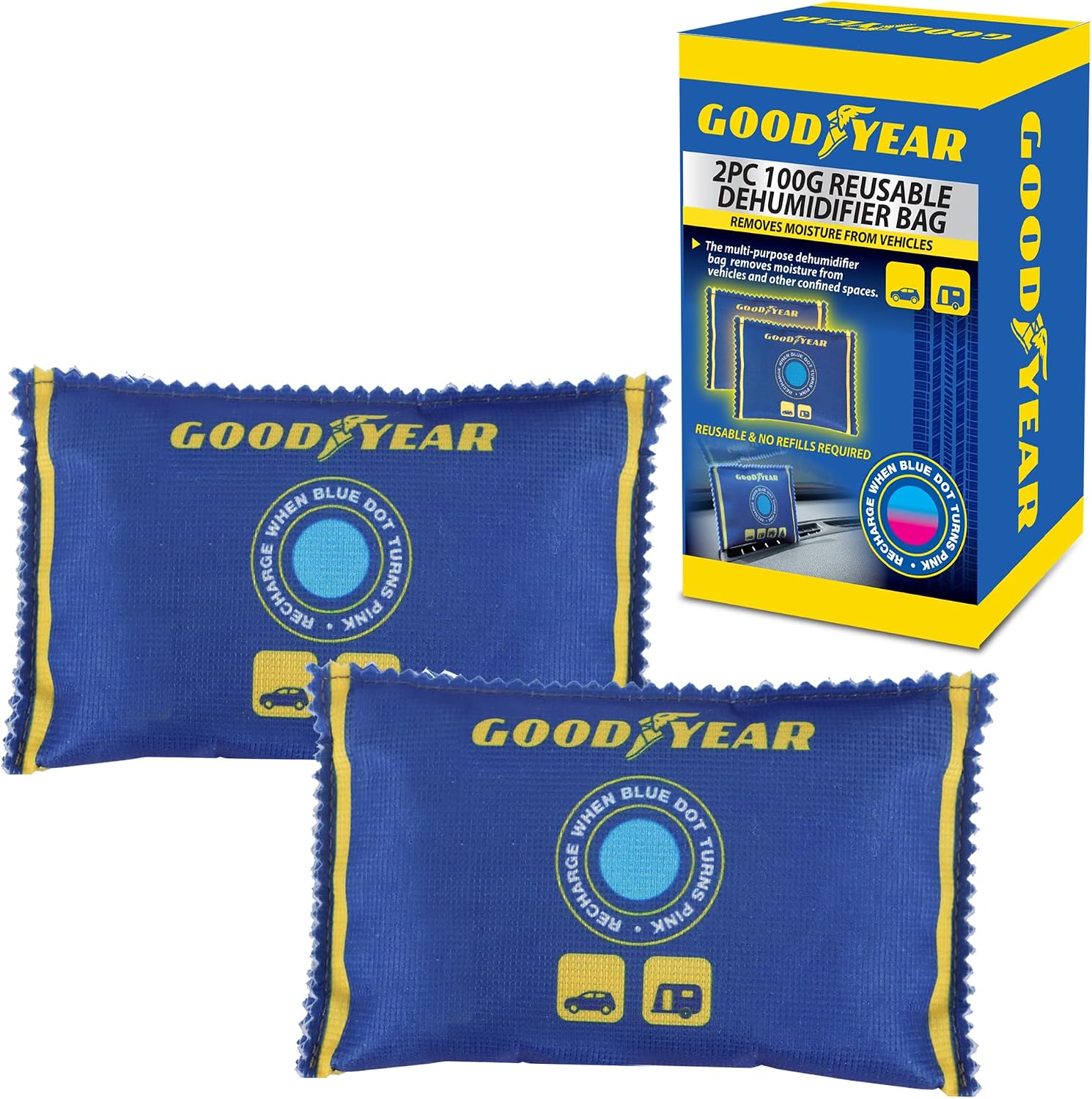 Goodyear 2pc 100g Reusable Car Dehumidifier Bags – Heavy-Duty Moisture Absorbers for Vehicles, Boats & Small Confined Spaces, Eco-Friendly with No Refills Needed