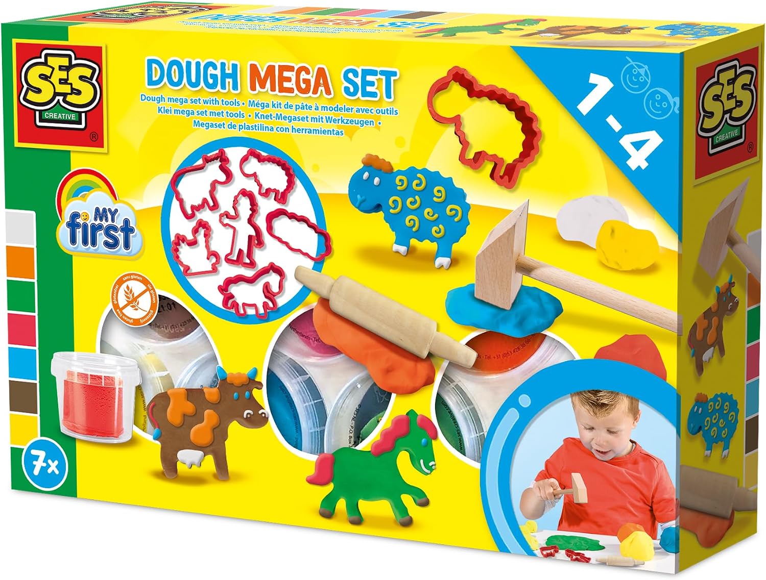 SES Creative - My First Dough Mega Set with Tools - 7 Pots of Clay Play Dough and Activity Cards, Safe for Toddlers from 1 Year and Up, Make an Entire Farm