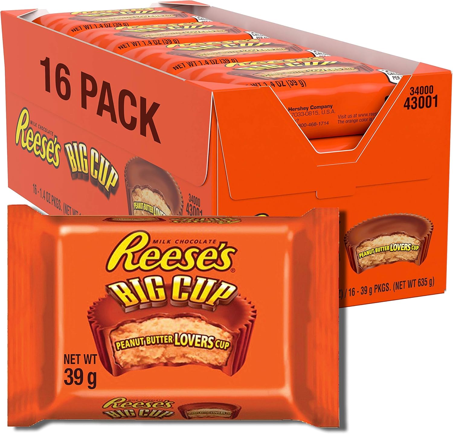 Reese’s Peanut Butter Big Cup, Milk Chocolate Flavour Cups, Pack of 16 x 39 g