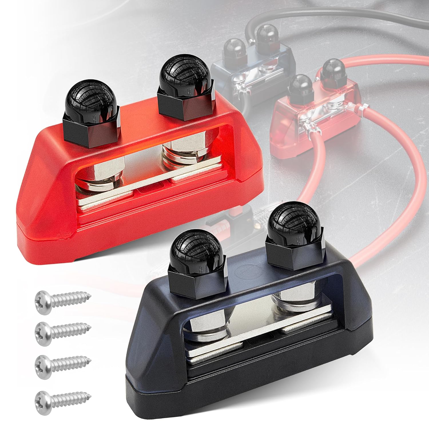 RED WOLF Dual Stud Bus Bar 12-48V Power Distribution Block Holder 250A DC MAX, Battery Terminal Junction Dual Power Stud Busbar for Car Marine Boat Red & Black w/Screws (M8-5/16")