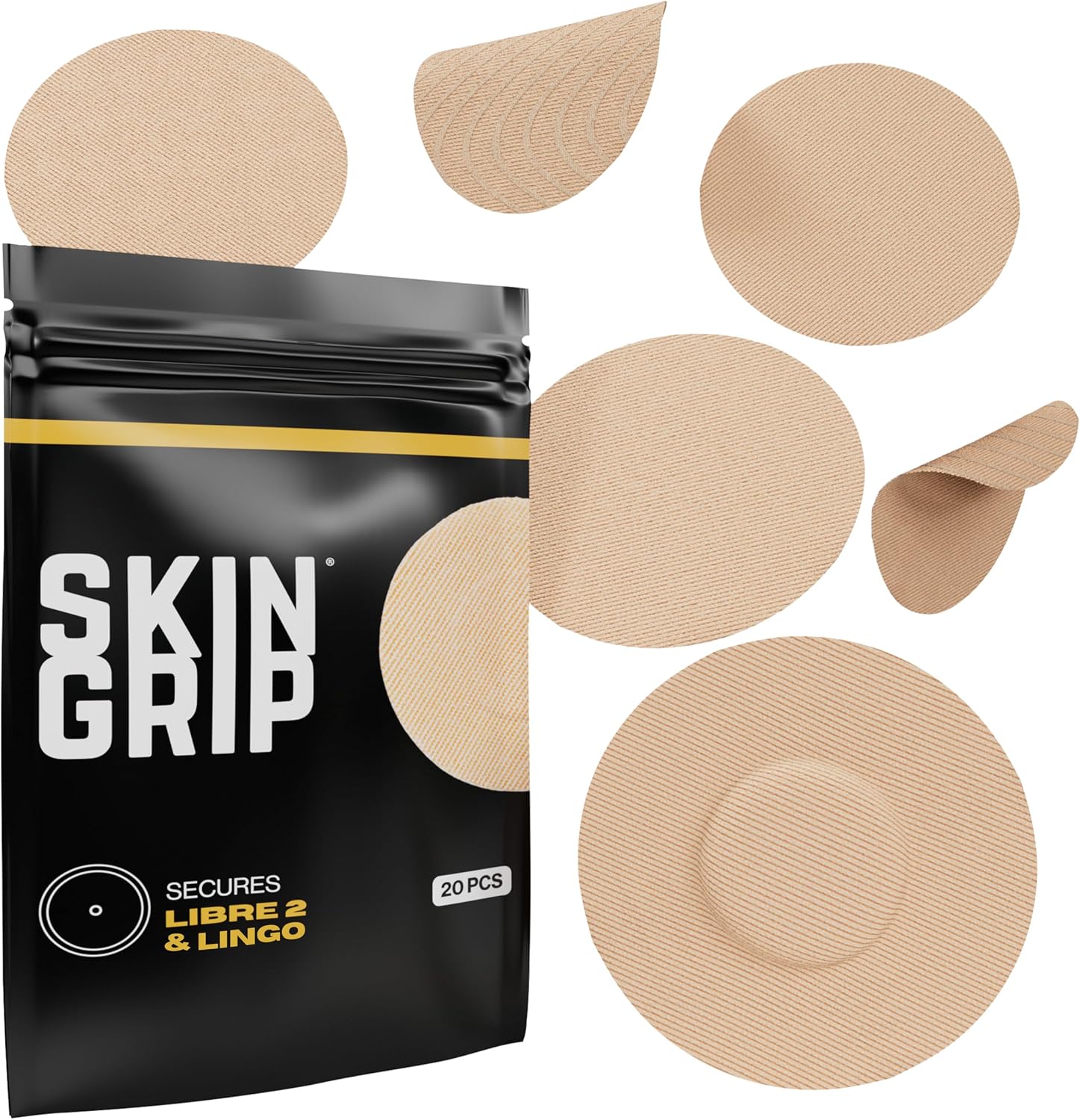 Skin Grip Freestyle Libre 2 Sensor Covers & Lingo CGM – Waterproof and Sweatproof Adhesive for 10-15 Days, Pre-Cut Medical Tape, Continuous Glucose Monitor Patch – 20 Pack, Tan