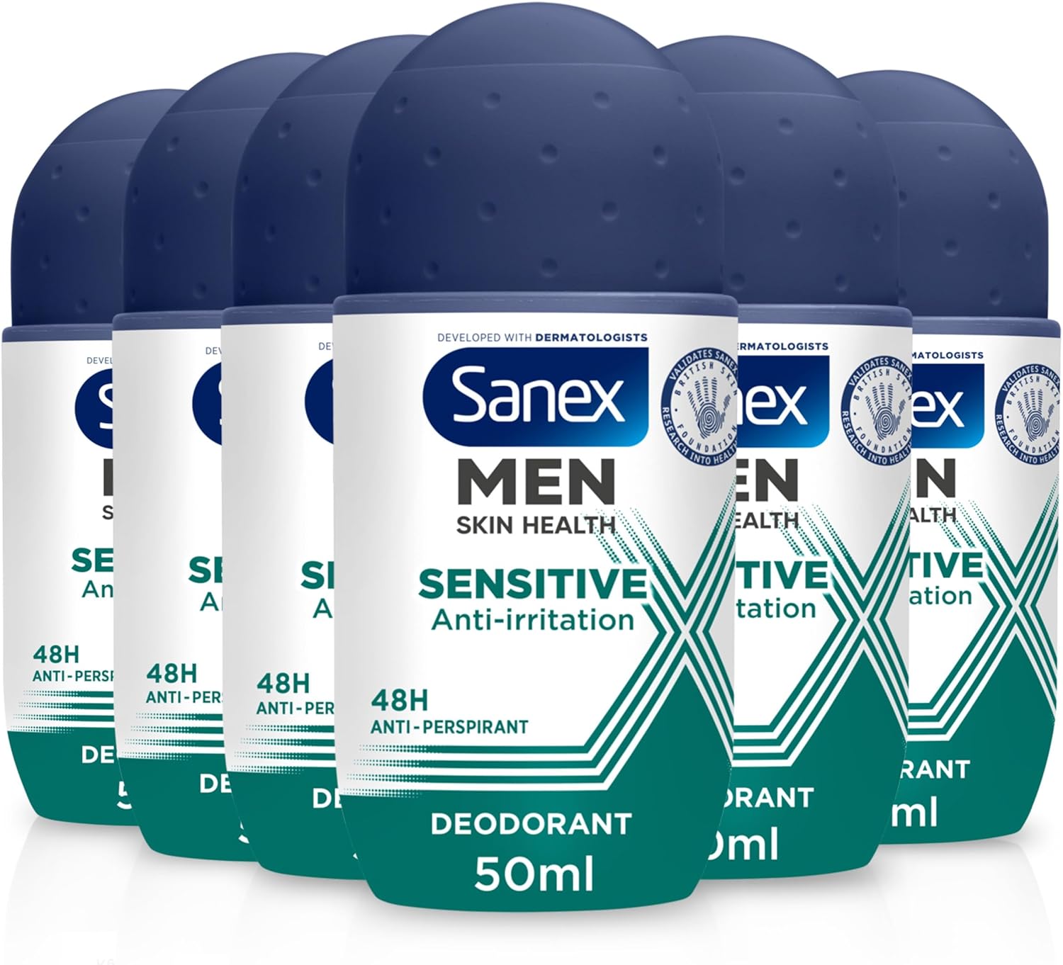 Sanex Men Sensitive Antiperspirant Roll-On Deodorant 50ml, 48 hour sweat protection, odour-fighting formula, slows down odour release, gentle on skin, 0% alcohol Pack of 6