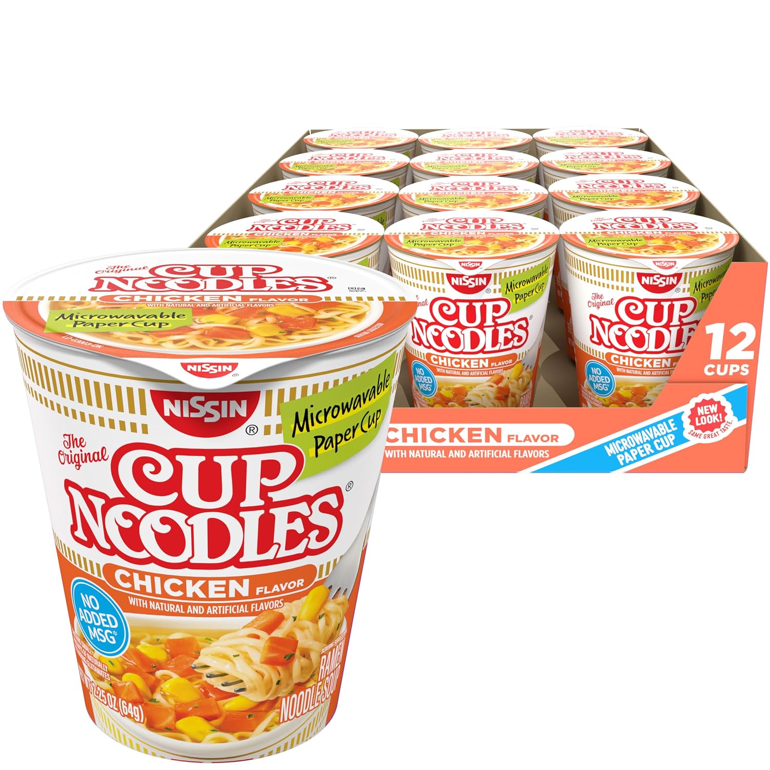 Nissin Cup Noodles Ramen Noodle Soup, Chicken, Microwaveable Paper Cup, 2.25 Ounce (Pack of 12) | Instant Ramen Noodle Soup, Microwaveable Paper Cups