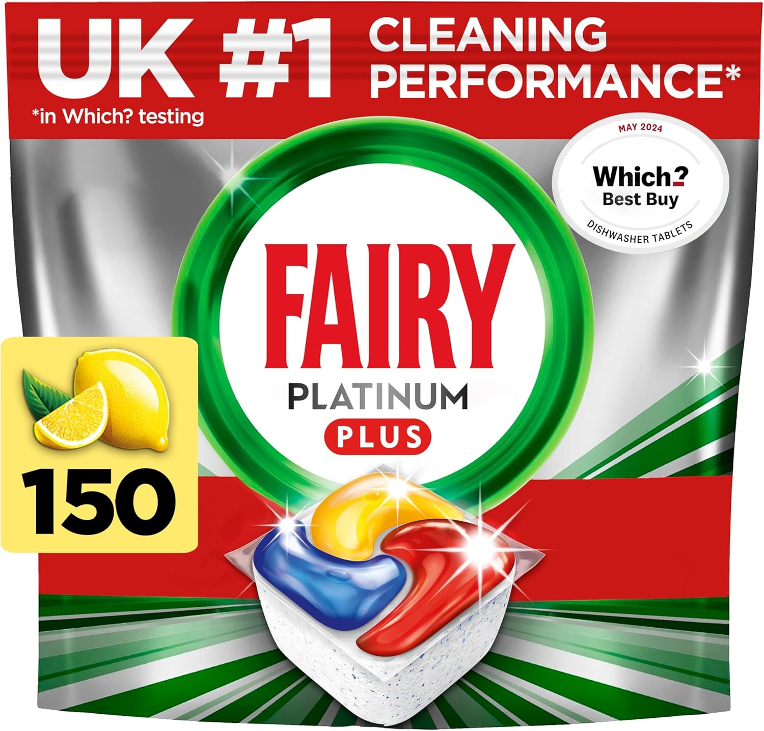 Fairy Platinum Plus All In One Dishwasher Tablets, Lemon, 150 Tablets, Our Best Cleaning For A Clean Like New, Removes Dullness & Prevents Limescale
