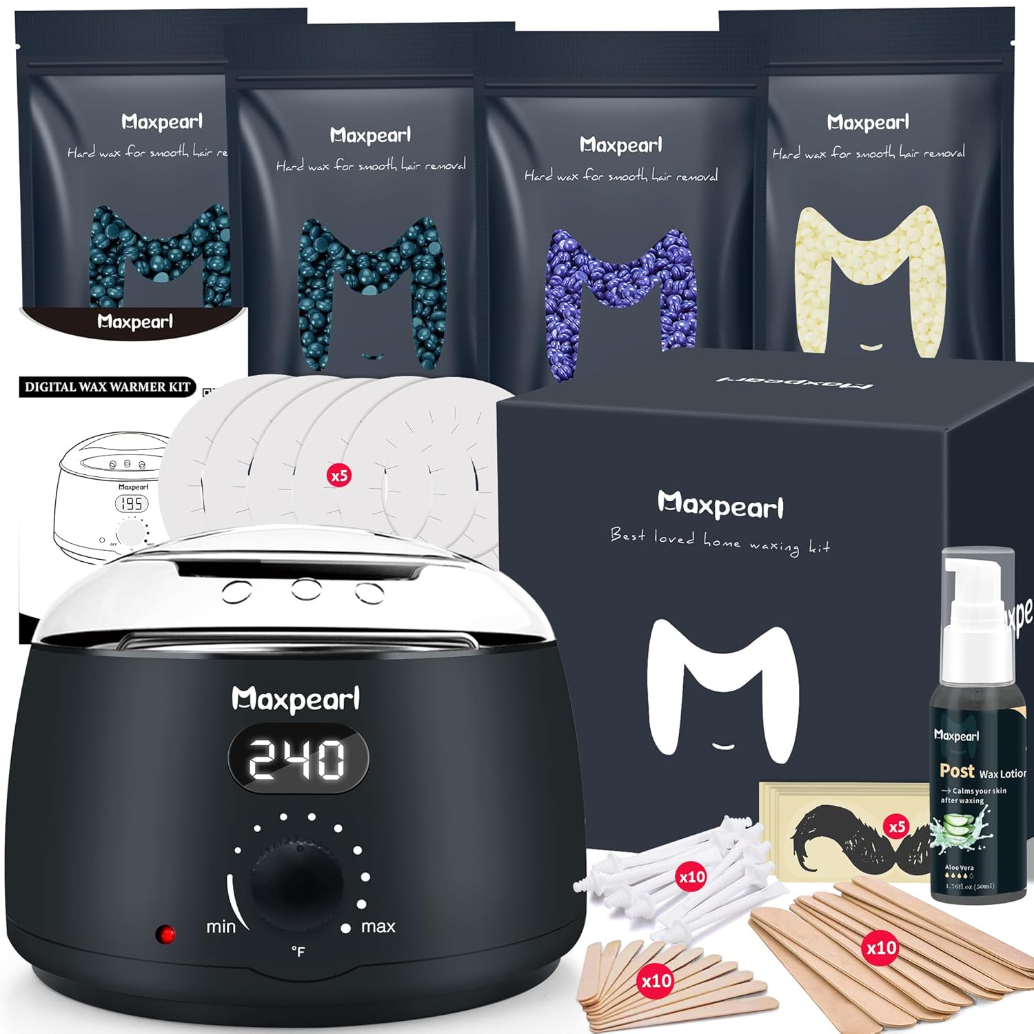 Maxpearl Digital Waxing Kit - Women Men Hard Wax Melt Warmer Kit for Hair Removal - Sensitive Skin, Eyebrows, Face, Underarms, Brazilian, Bikini, Legs