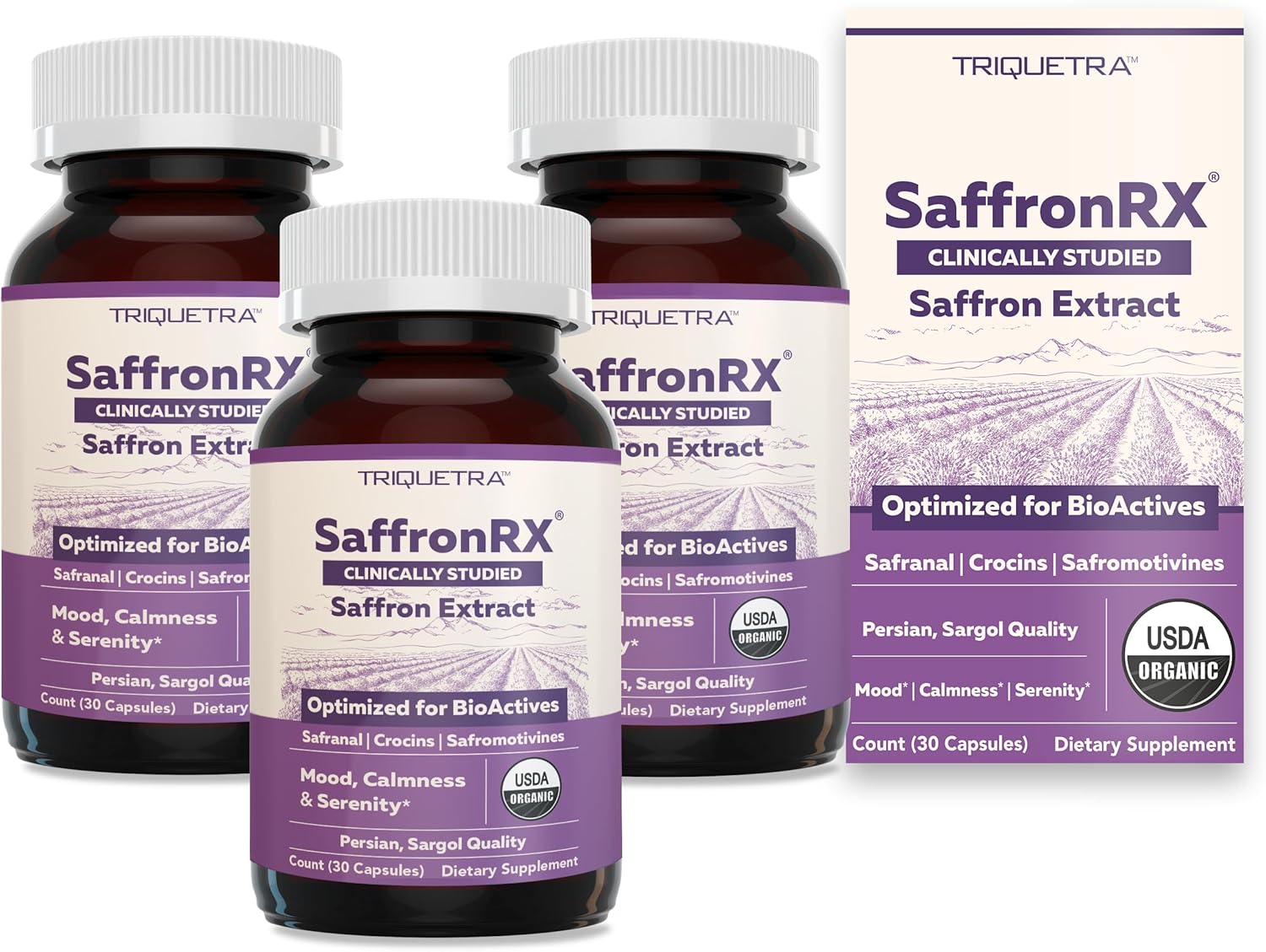 Organic Saffron Extract: Optimized Extract with Safromotivines, Safranal, and Crocins – Clinically Studied | Premium Persian Sargol Quality | Supports Mood, Calmness, and Relaxation – 3-Pack